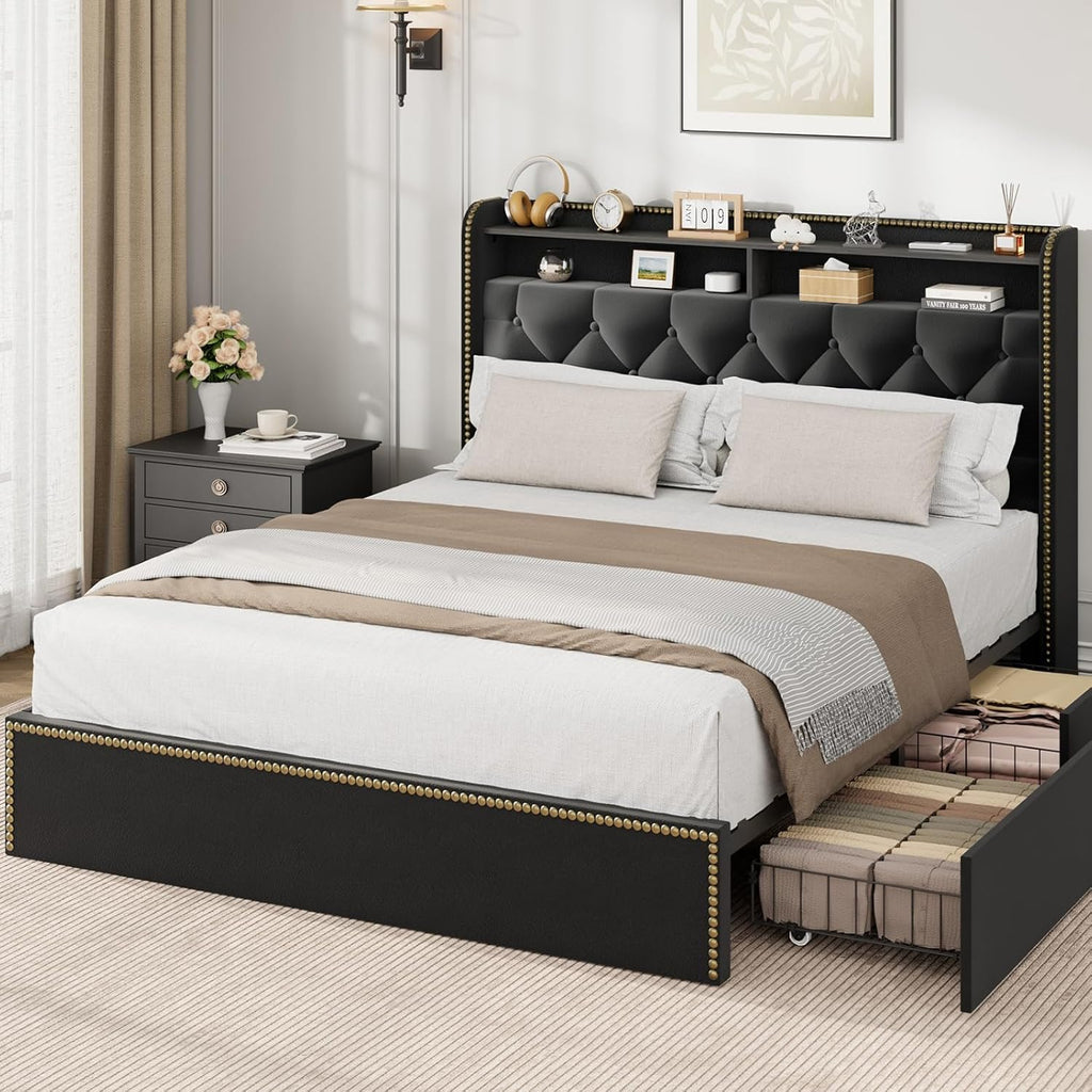 Full Size Black Velvet Storage Bed with Shelved Headboard and 4 Drawers, Tufted Upholstered Platform Bed Frame with Nailhead Trim, Metal Support Slats, No Box Spring Required, Easy to Assemble