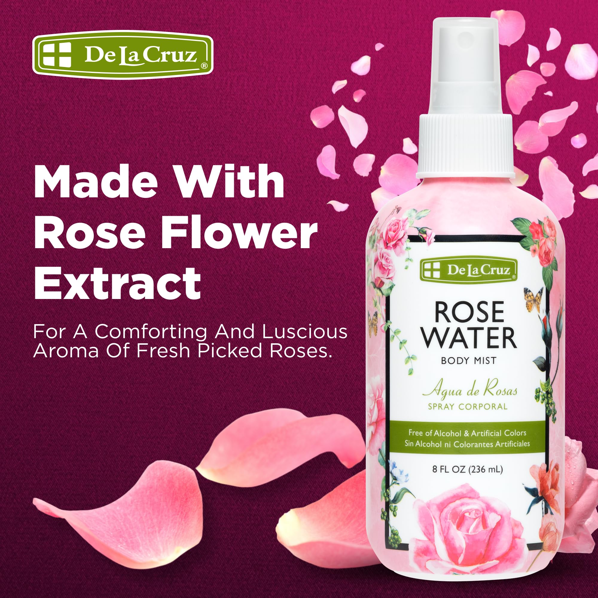De La Cruz Rose Water Body & Hair Mist, 8 fl. oz Spray (236 mL) | Rose Water Spray, With Rose Flower Extract, Hair & Body Mist, Home Mist, Alcohol Free, Refreshing & Soothing