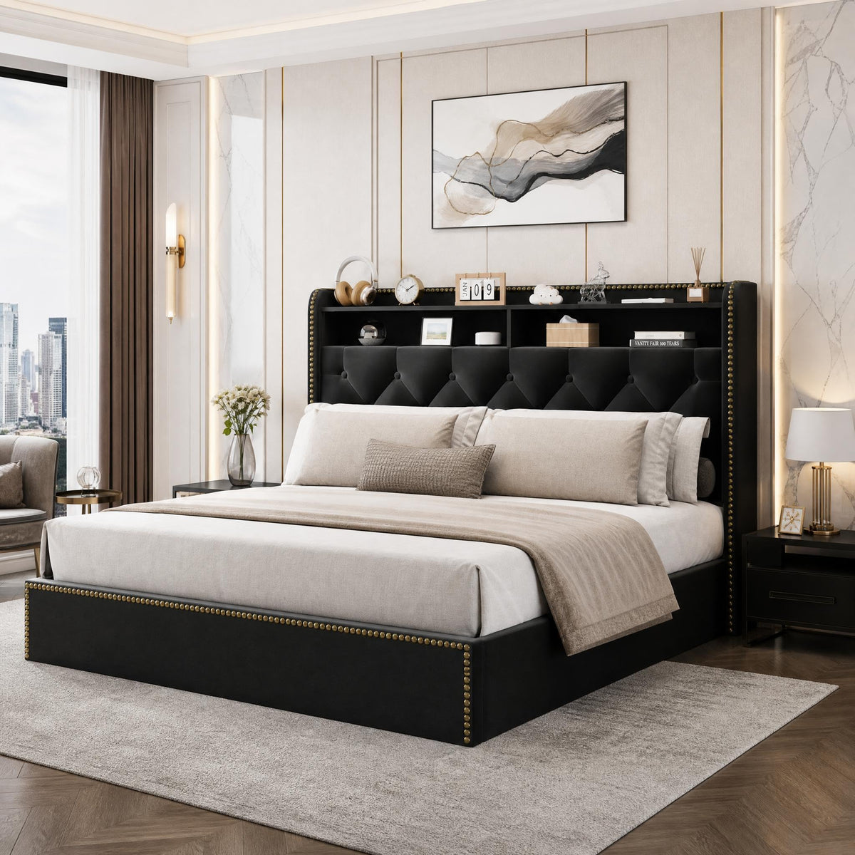 Full Size Black Velvet Storage Bed with Shelved Headboard and 4 Drawers, Tufted Upholstered Platform Bed Frame with Nailhead Trim, Metal Support Slats, No Box Spring Required, Easy to Assemble