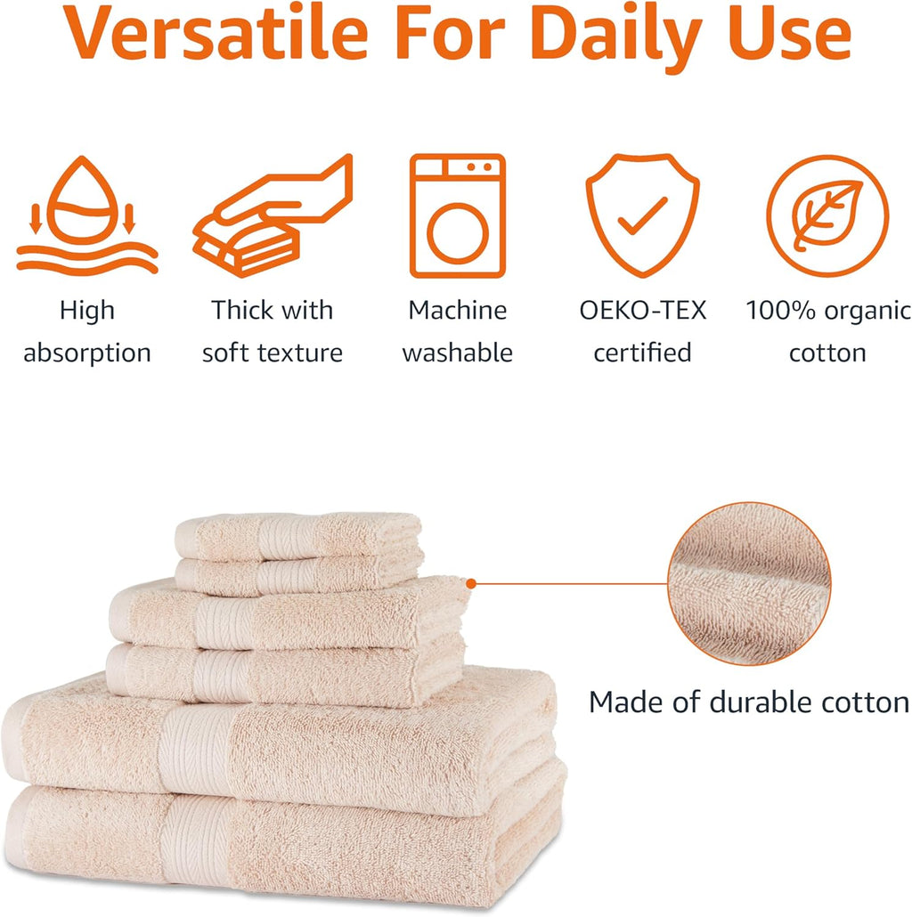 Amazon Basics 6-Piece Oversized Fade-Resistant Towel Set, 100% Cotton, Highly Absorbent, Soft, Teal, 2 Bath Towels, 2 Hand Towels, 2 Washcloths