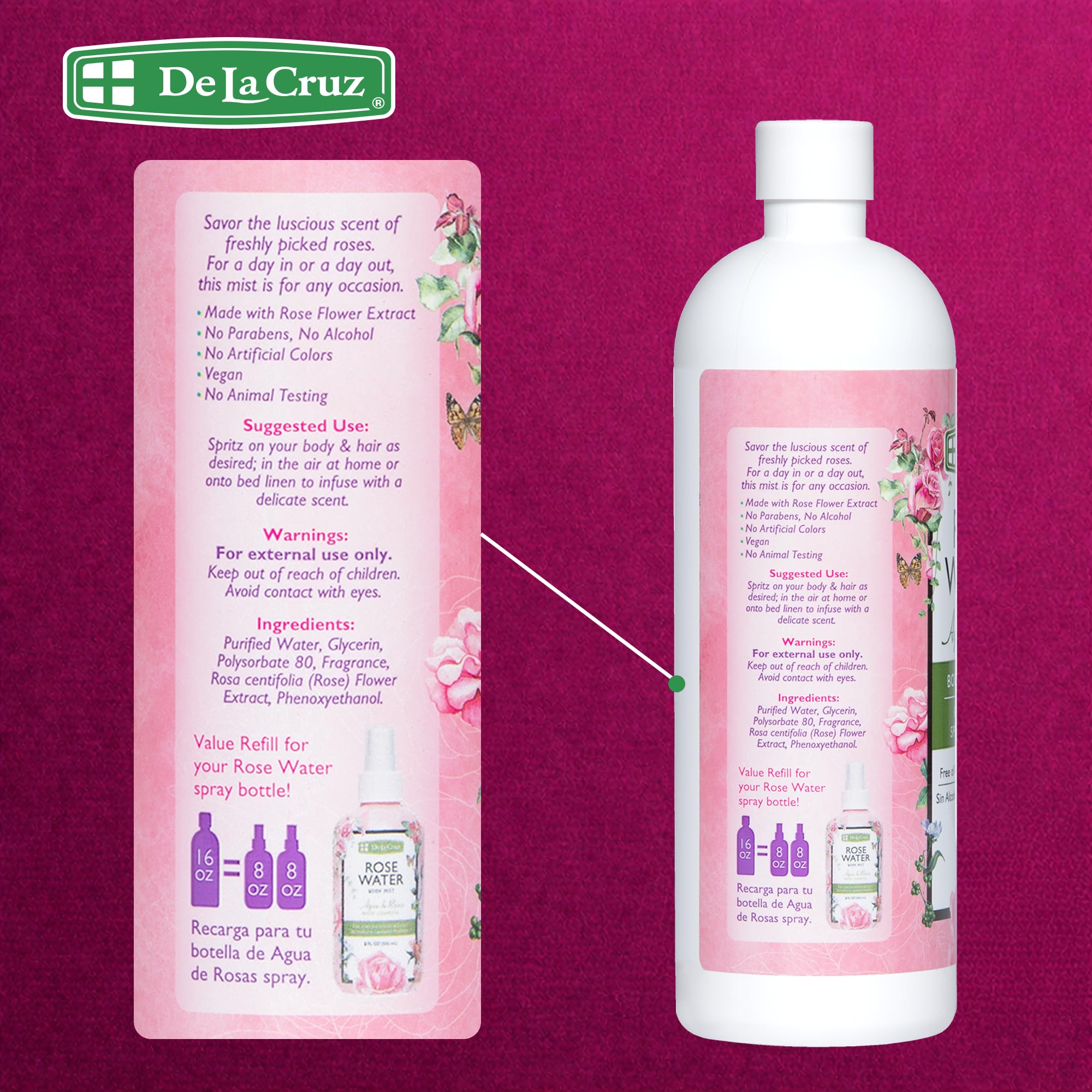De La Cruz Rose Water Body & Hair Mist, 8 fl. oz Spray (236 mL) | Rose Water Spray, With Rose Flower Extract, Hair & Body Mist, Home Mist, Alcohol Free, Refreshing & Soothing