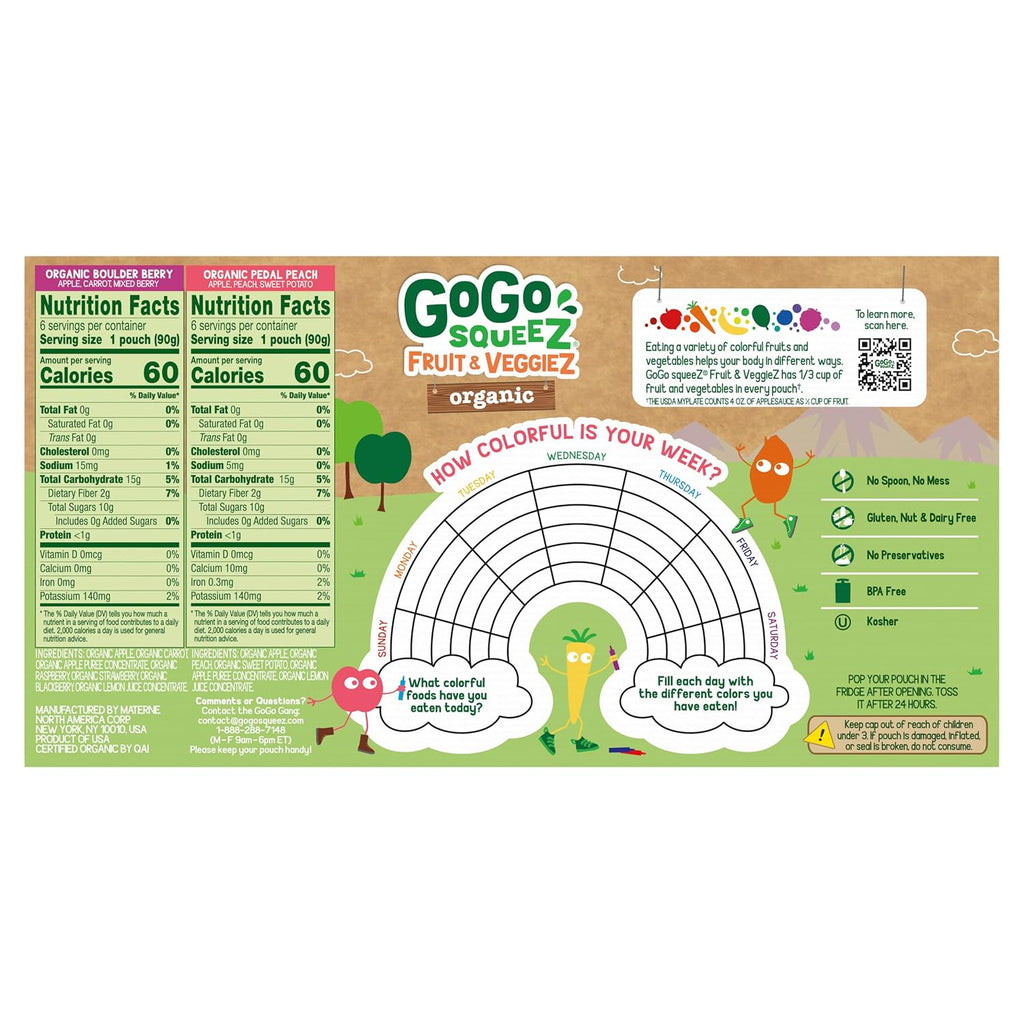 GoGo squeeZ No Sugar Added Organic Fruit & veggieZ Applesauce, 12 Count | Kids On The Go Fruit & Veggie Snack, Peach and Berry; 3.2 Oz Pouches, Gluten and Nut Free, Recloseable Cap, BPA-Free
