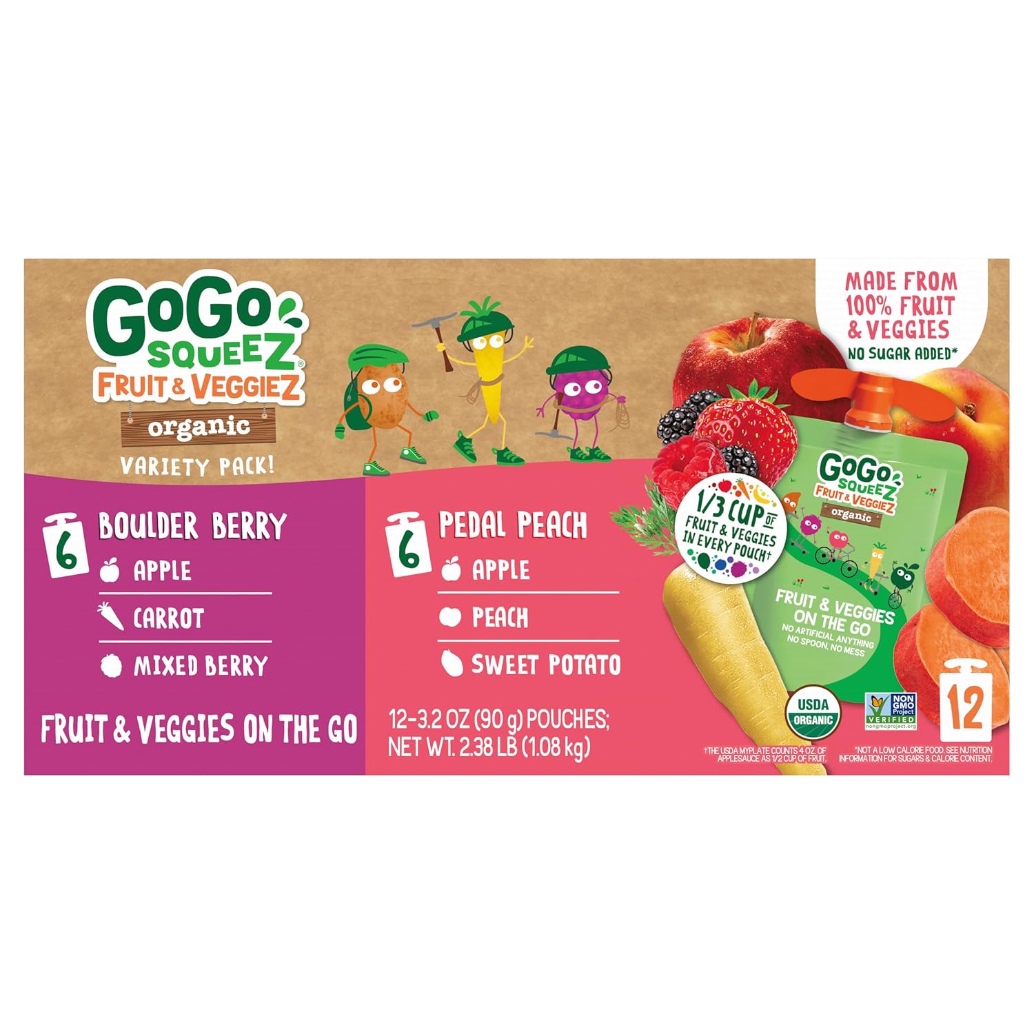 GoGo squeeZ No Sugar Added Organic Fruit & veggieZ Applesauce, 12 Count | Kids On The Go Fruit & Veggie Snack, Peach and Berry; 3.2 Oz Pouches, Gluten and Nut Free, Recloseable Cap, BPA-Free