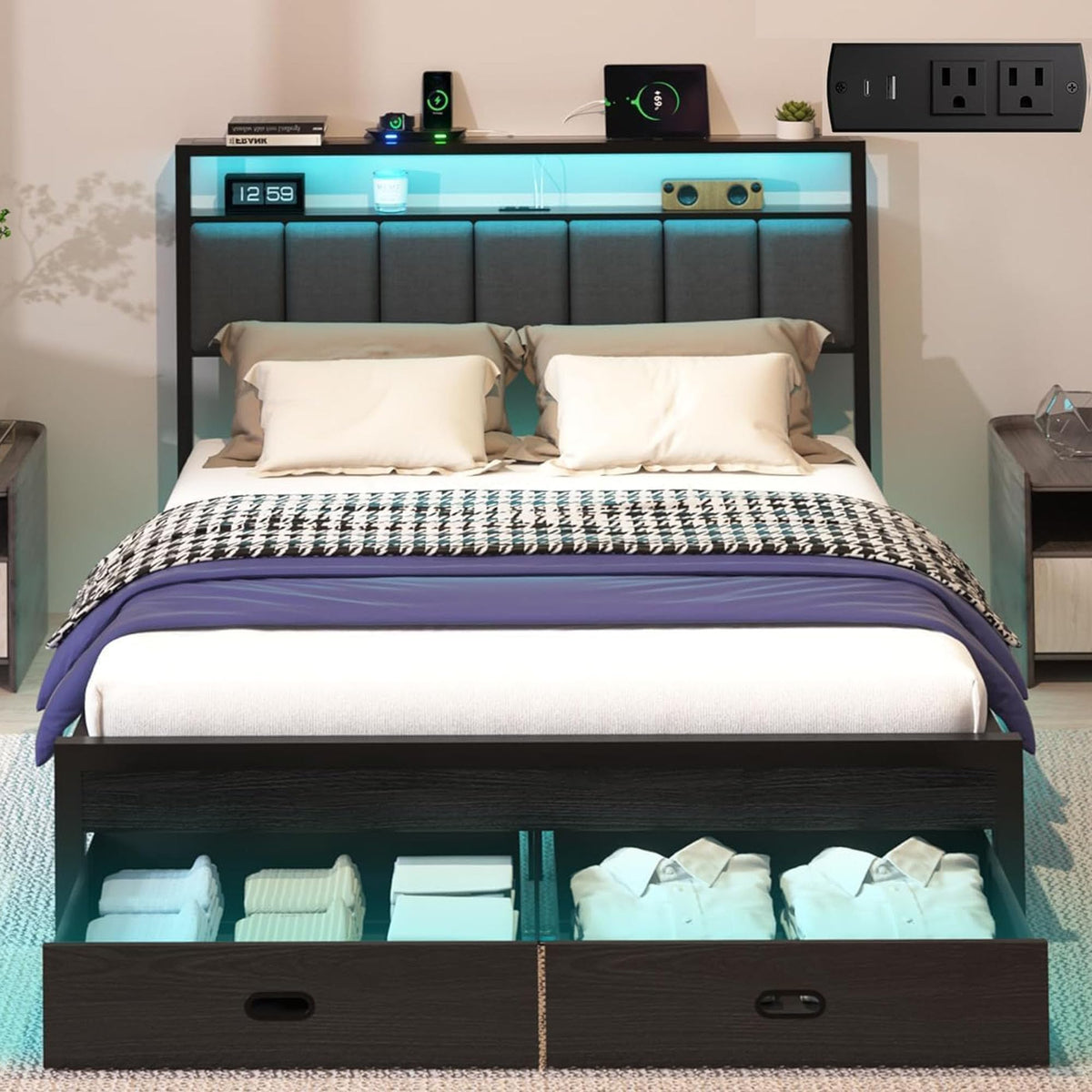 Full Bed Frames with Storage Drawer, Platform Bed with Charging Station and LED Lights, Upholstered Headboard with 2-Tier Storage Shelves, No Box Spring Needed