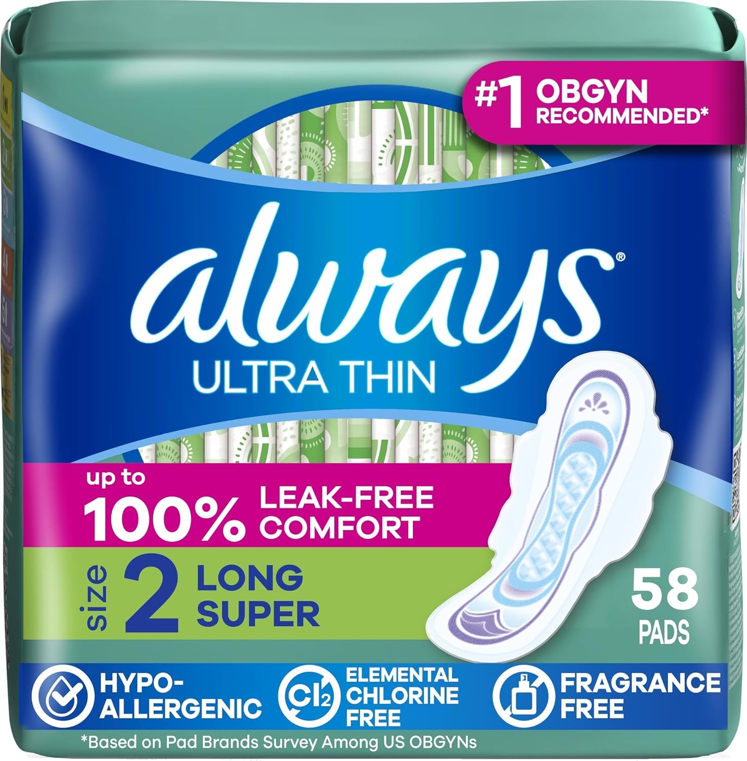 Always Ultra Thin Feminine Pads with Wings for Women, Size 2, Long Super Absorbency, Unscented, Up to 100% Leak-Free Protection, 58 Count