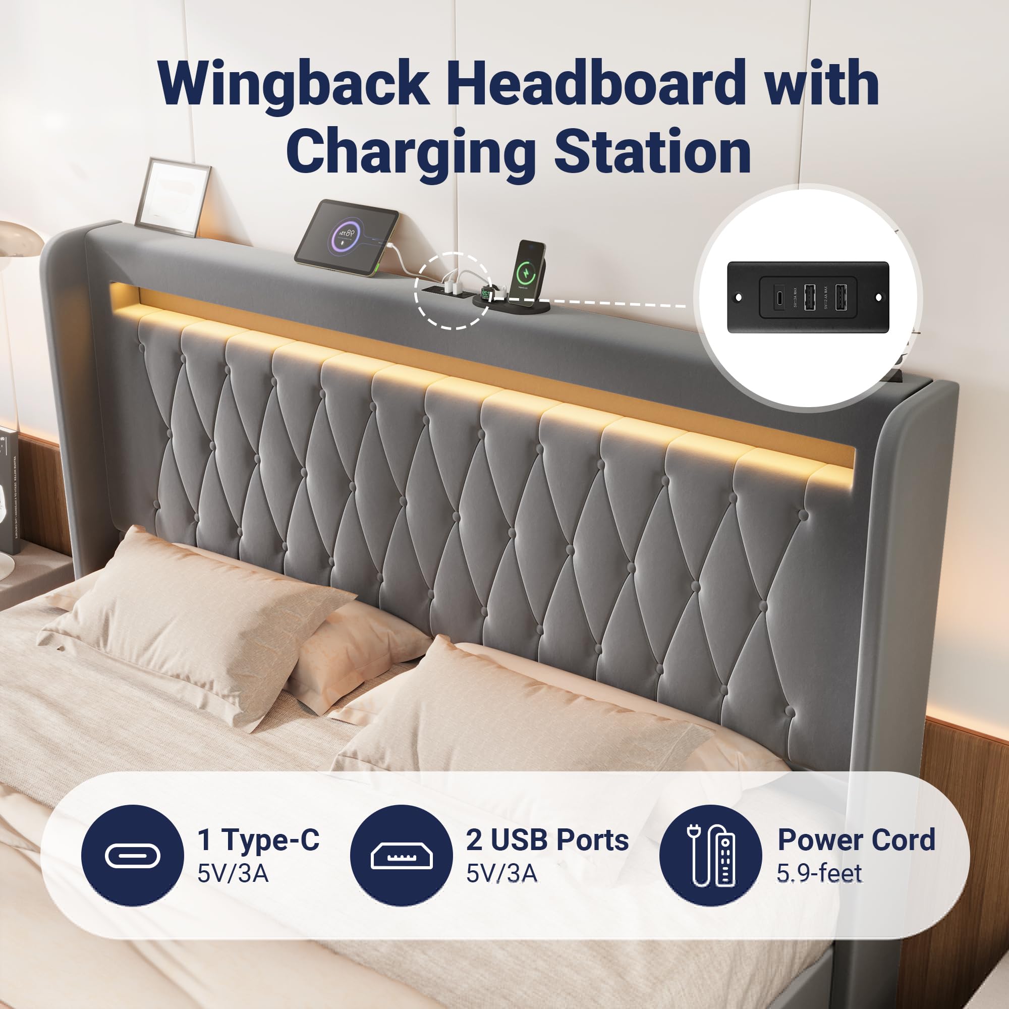 Allewie Queen Size Upholstered Bed Frame with LED & Charging Station, Black | Customizable LED lights, charging station, tufted wingback headboard, noise-reducing support, and no box spring needed.
