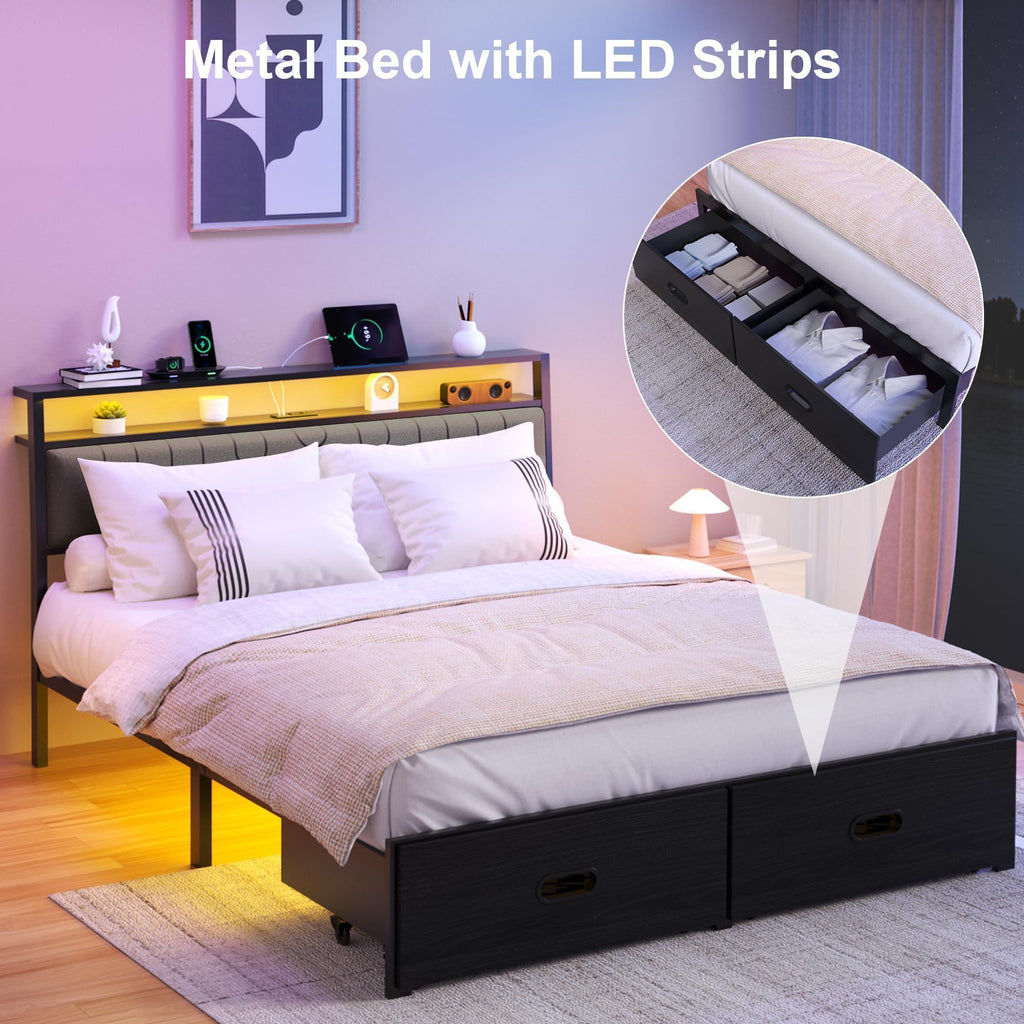 Full Bed Frames with Storage Drawer, Platform Bed with Charging Station and LED Lights, Upholstered Headboard with 2-Tier Storage Shelves, No Box Spring Needed