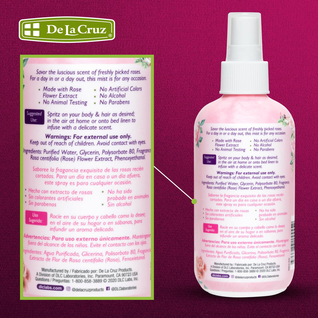 De La Cruz Rose Water Body & Hair Mist, 8 fl. oz Spray (236 mL) | Rose Water Spray, With Rose Flower Extract, Hair & Body Mist, Home Mist, Alcohol Free, Refreshing & Soothing