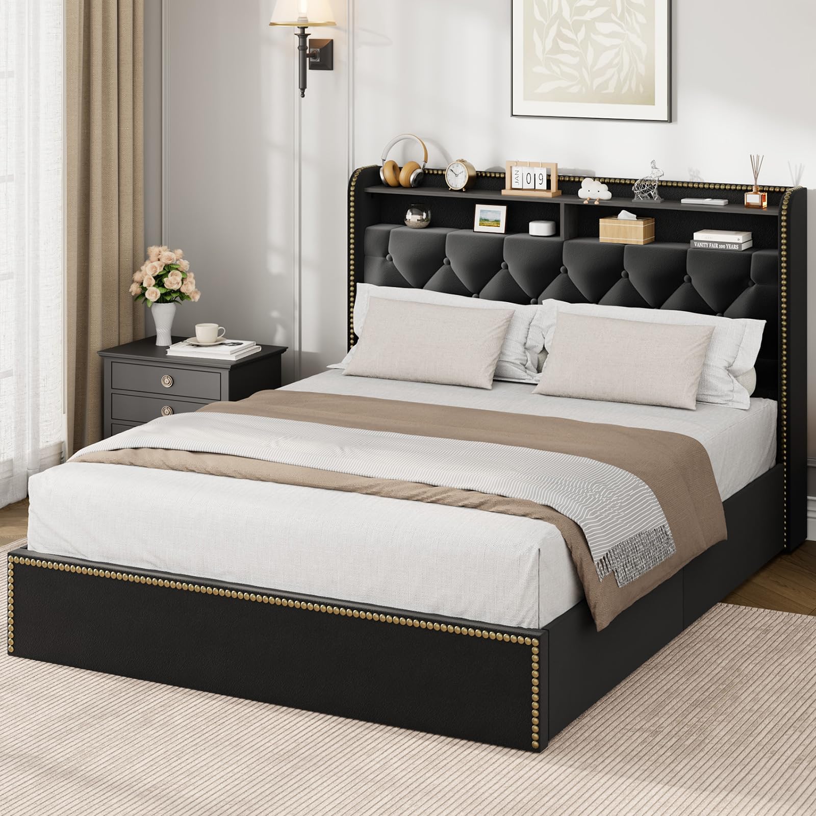 Full Size Black Velvet Storage Bed with Shelved Headboard and 4 Drawers, Tufted Upholstered Platform Bed Frame with Nailhead Trim, Metal Support Slats, No Box Spring Required, Easy to Assemble