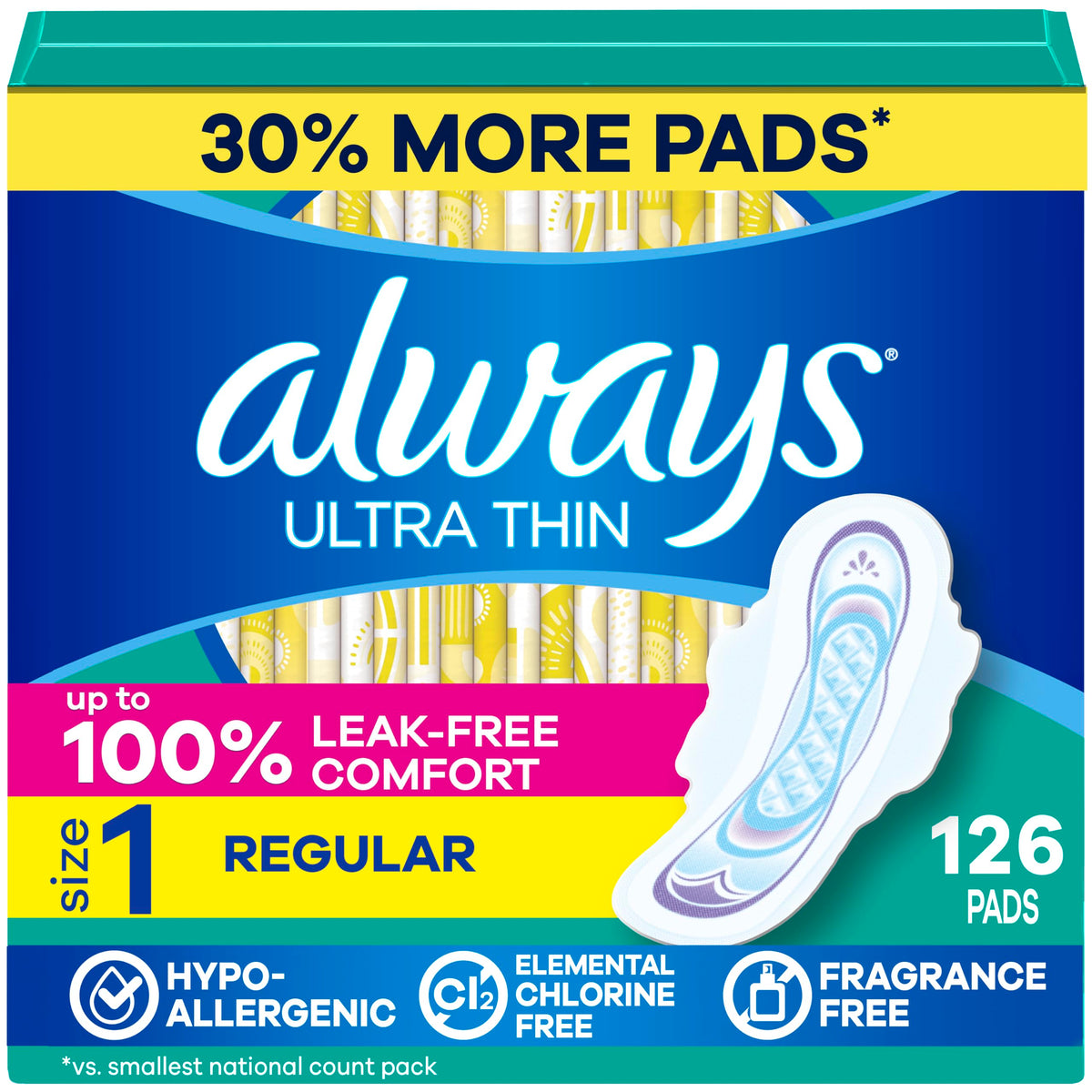 Always Ultra Thin Feminine Pads with Wings for Women, Size 1, Regular Absorbency, Unscented, Up to 100% Leak-Free Protection, 46 Count