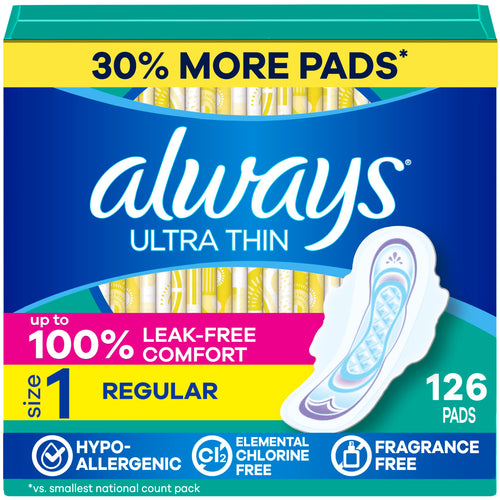 Always Ultra Thin Feminine Pads with Wings for Women, Size 1, Regular Absorbency, Unscented, Up to 100% Leak-Free Protection, 46 Count
