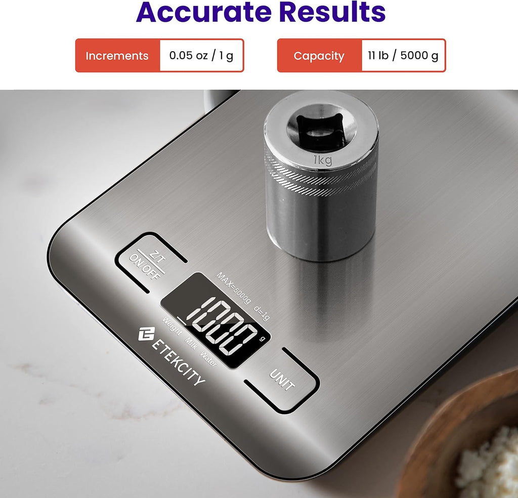 Etekcity Food Kitchen Scale, Digital Grams and Ounces, 11lb | Tare function, ideal for baking, weight loss, keto, meal prep, packages, liquids and jewelry, 304 Stainless Steel
