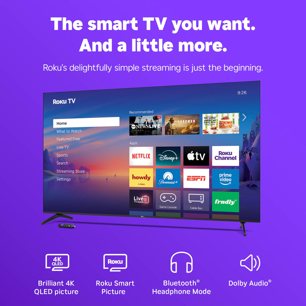 Roku 55-Inch Select Series Smart TV 2026-4K QLED TV - Roku TV | Flat Screen QLED Television with Voice Remote, Wi-Fi & Bluetooth Headphone Mode - Streaming Live Local News, Sports, & Movies