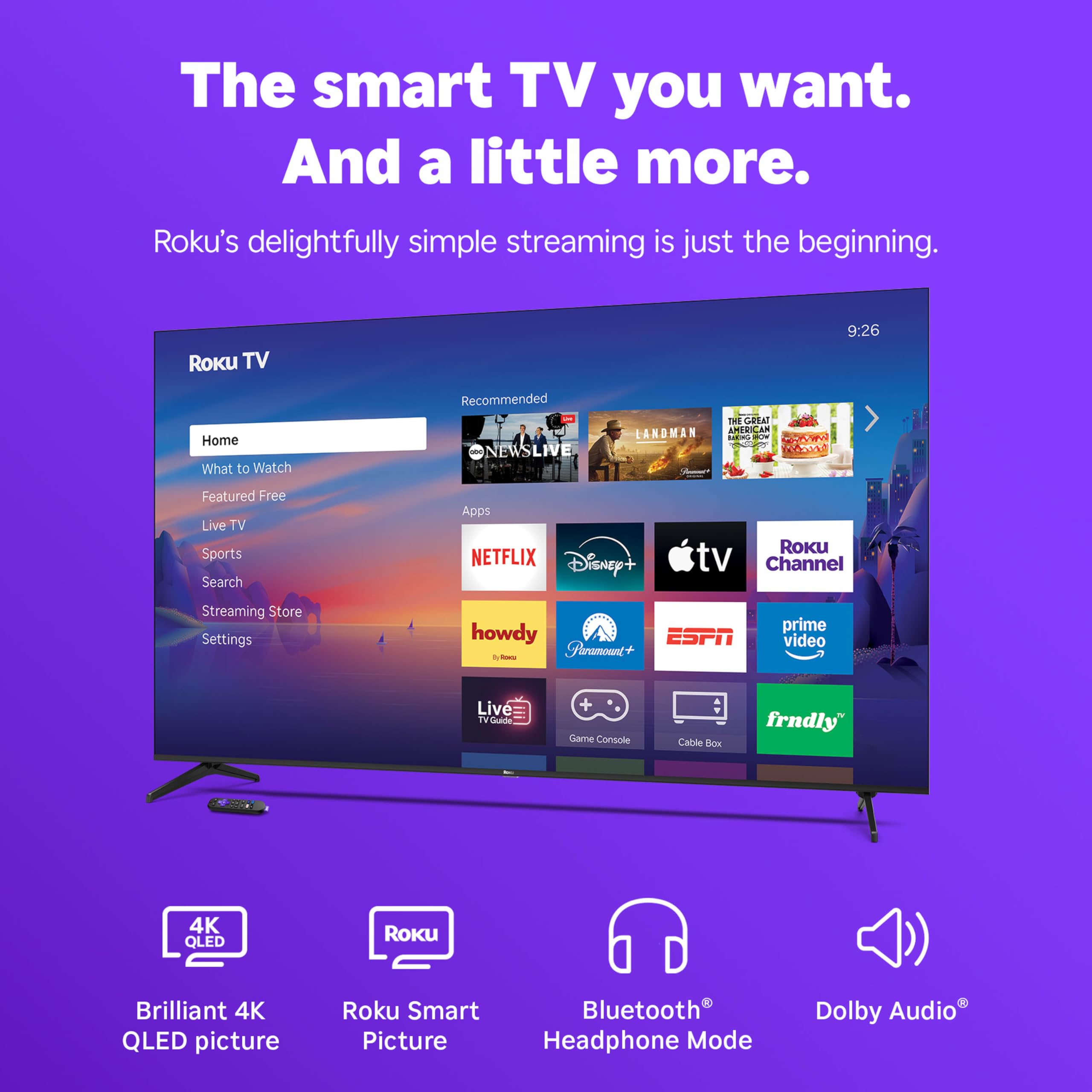 Roku 55-Inch Select Series Smart TV 2026-4K QLED TV - Roku TV | Flat Screen QLED Television with Voice Remote, Wi-Fi & Bluetooth Headphone Mode - Streaming Live Local News, Sports, & Movies