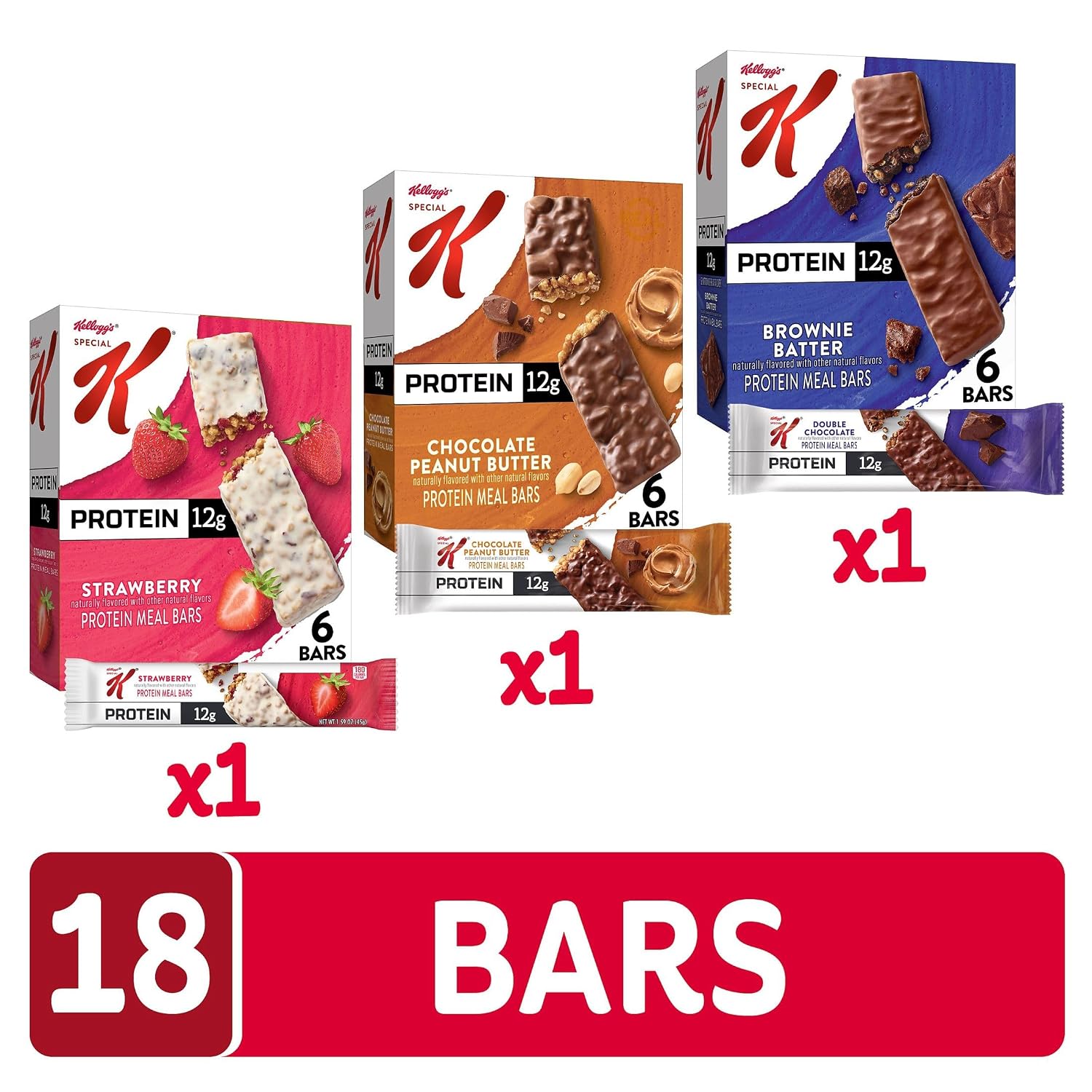 Special K Bar Protein Meal Bars, 12g Protein Snacks, Meal Replacement, 3-Flavor Variety Pack (3 Boxes, 18 Bars)