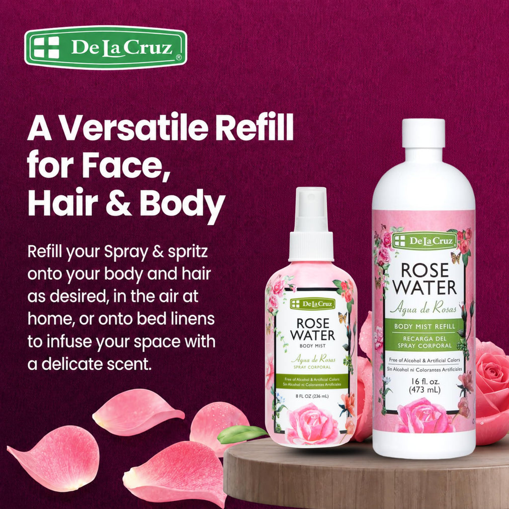 De La Cruz Rose Water Body & Hair Mist, 8 fl. oz Spray (236 mL) | Rose Water Spray, With Rose Flower Extract, Hair & Body Mist, Home Mist, Alcohol Free, Refreshing & Soothing