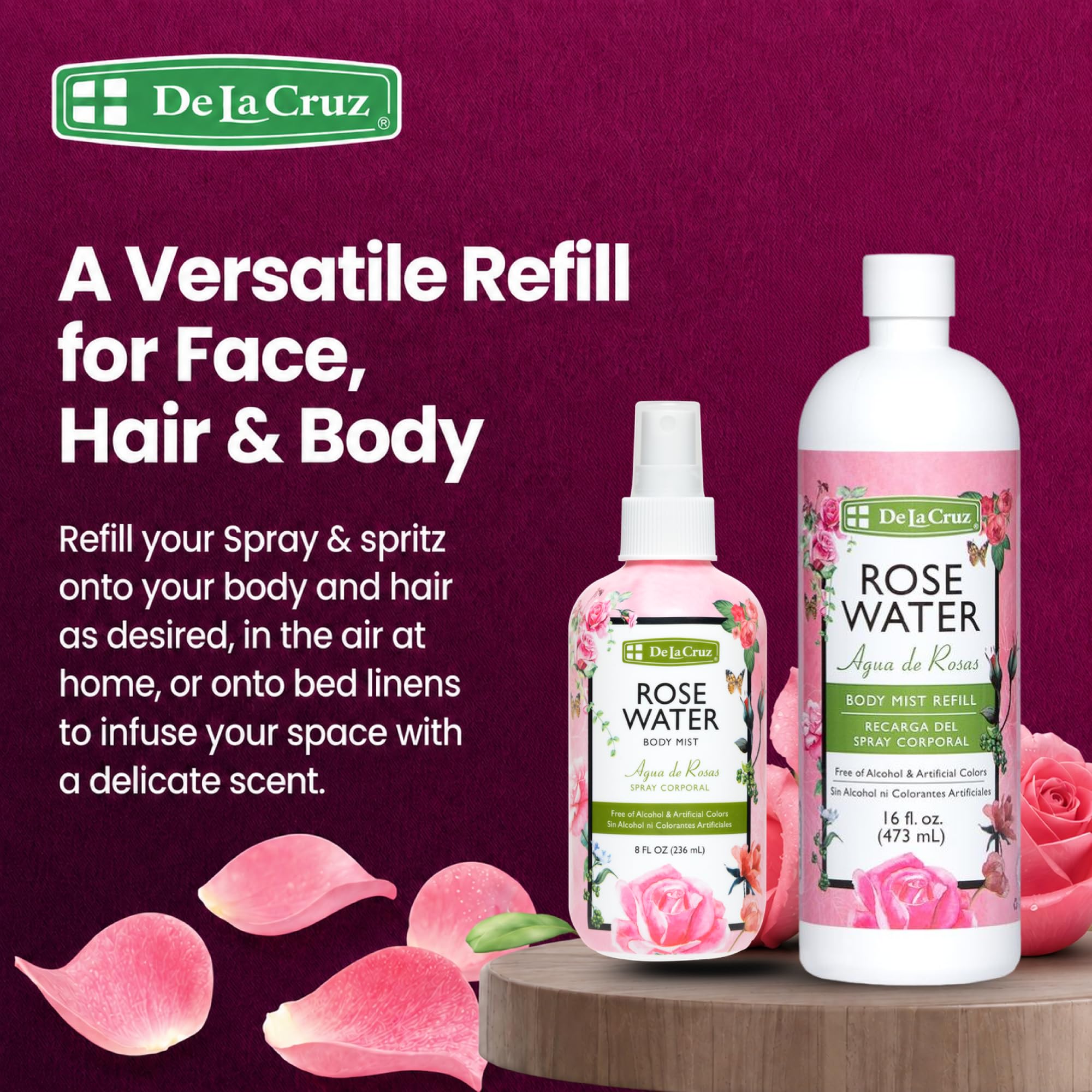 De La Cruz Rose Water Body & Hair Mist, 8 fl. oz Spray (236 mL) | Rose Water Spray, With Rose Flower Extract, Hair & Body Mist, Home Mist, Alcohol Free, Refreshing & Soothing