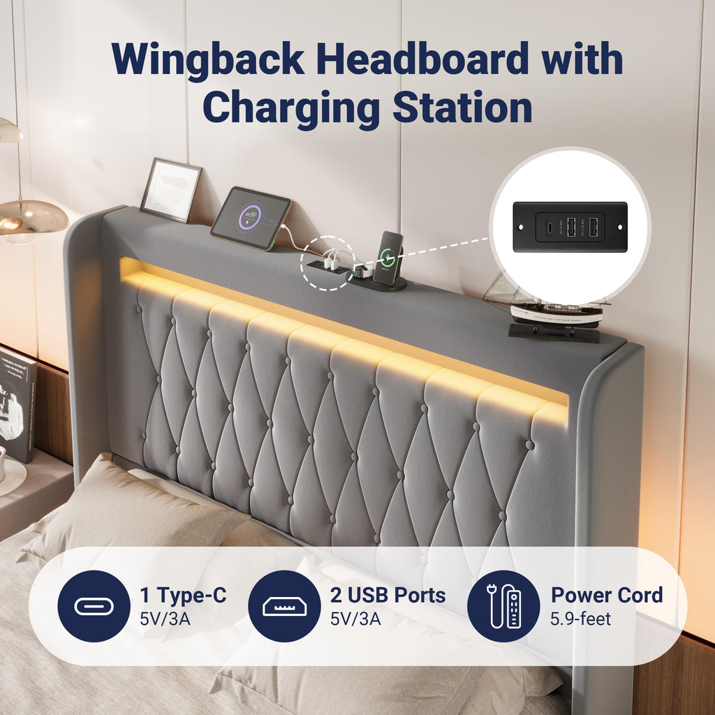 Allewie Queen Size Upholstered Bed Frame with LED & Charging Station, Black | Customizable LED lights, charging station, tufted wingback headboard, noise-reducing support, and no box spring needed.