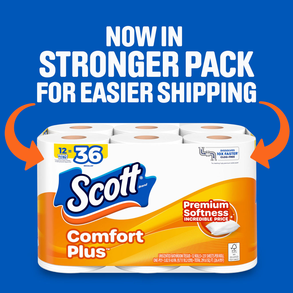 Scott ComfortPlus Toilet Paper, 12 Triple Rolls, 231 Sheets per Roll, Septic-Safe, 1-Ply Toilet Tissue