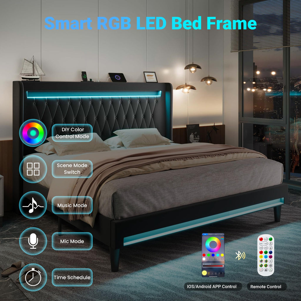 Allewie Queen Size Upholstered Bed Frame with LED & Charging Station, Black | Customizable LED lights, charging station, tufted wingback headboard, noise-reducing support, and no box spring needed.