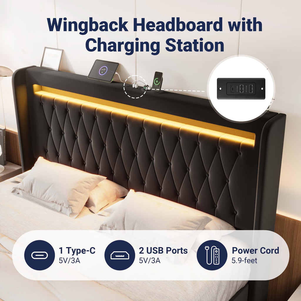 Allewie Queen Size Upholstered Bed Frame with LED & Charging Station, Black | Customizable LED lights, charging station, tufted wingback headboard, noise-reducing support, and no box spring needed.