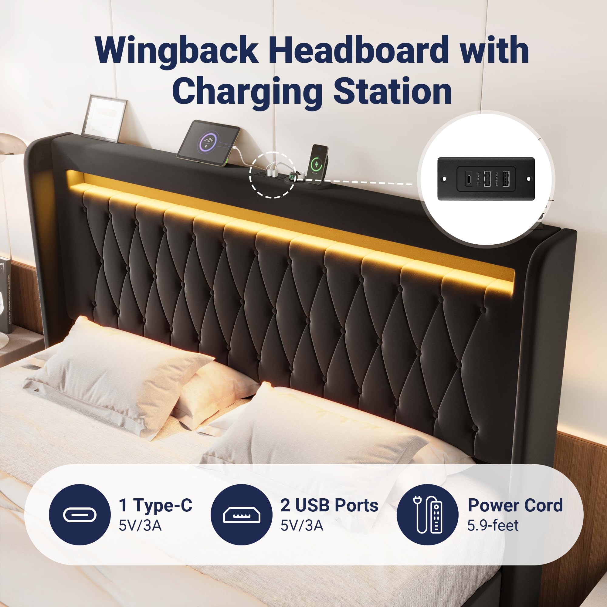 Allewie Queen Size Upholstered Bed Frame with LED & Charging Station, Black | Customizable LED lights, charging station, tufted wingback headboard, noise-reducing support, and no box spring needed.