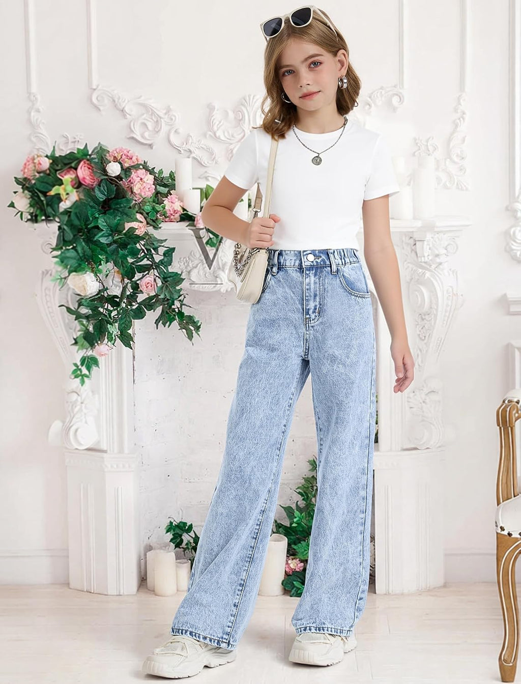 Jeans for Girls Cute Baggy Pants Wide Leg High Waisted Trousers with Pocket | Back to School Clothes Teens Outfits Bow Embroidery Wide Leg Denim Pants Y2k Tween Clothes 7-16Y