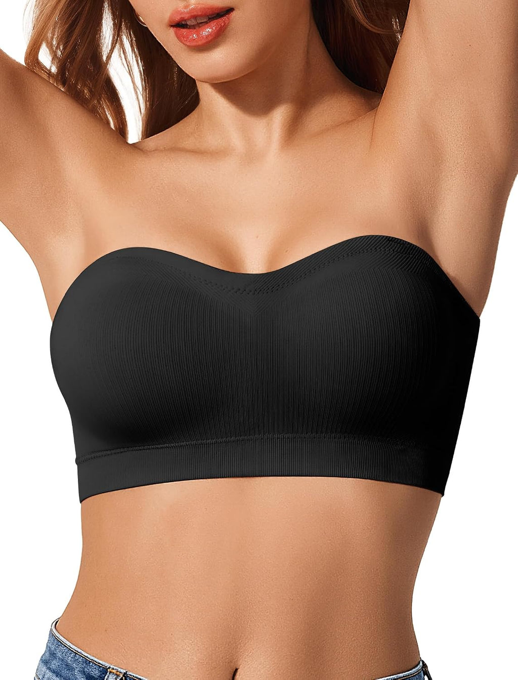 LetsJoli Strapless Bras for Women Push Up Bandeau Wireless Tube Padded Bra | Supportive Non Slip, Ribbed Soft, For Large Breast, Straps for One Shoulder & Halter Bra, No Underwire