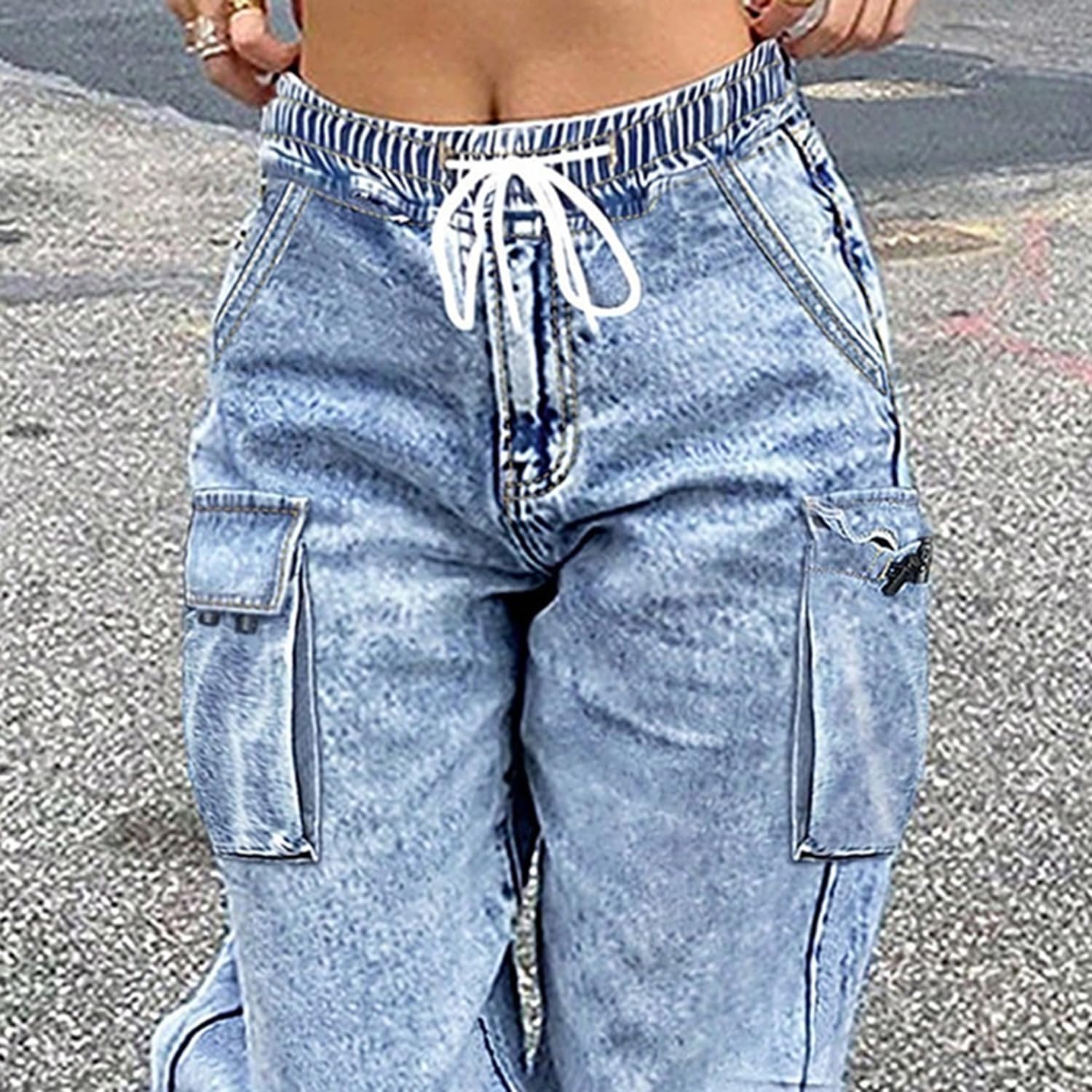 Cargo Jeans for Women Baggy Stretchy Wide Leg Denim Pants High Waisted y2k | Elastic Waist,Streetwear,Side Pockets,Cute,Trendy,Curvy,Mid Rise,Chic,Tall,Tie,Boyfriend,Loose,Casual,Fashion,Oversized