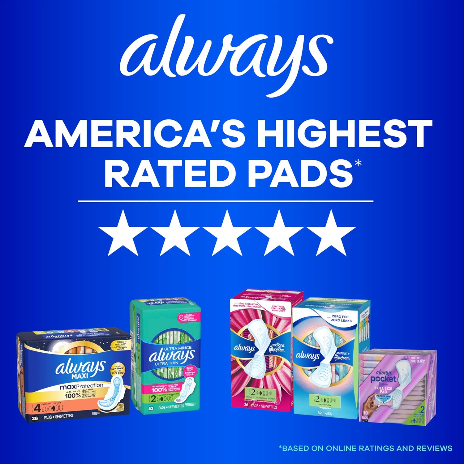 Always Ultra Thin Feminine Pads with Wings for Women, Size 1, Regular Absorbency, Unscented, Up to 100% Leak-Free Protection, 46 Count