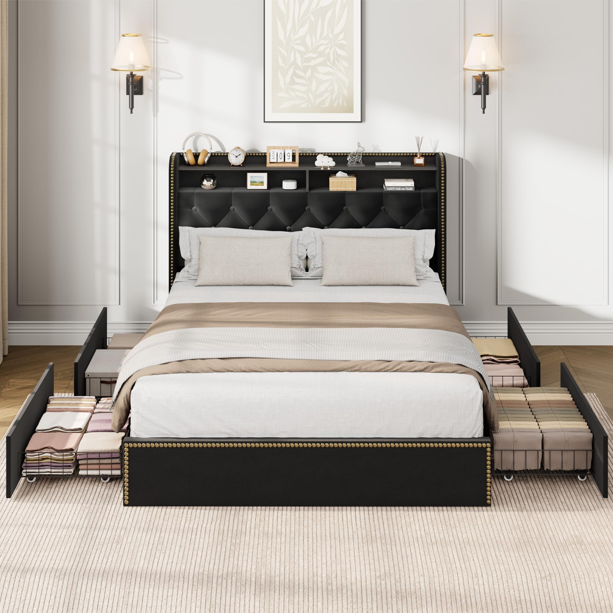 Full Size Black Velvet Storage Bed with Shelved Headboard and 4 Drawers, Tufted Upholstered Platform Bed Frame with Nailhead Trim, Metal Support Slats, No Box Spring Required, Easy to Assemble
