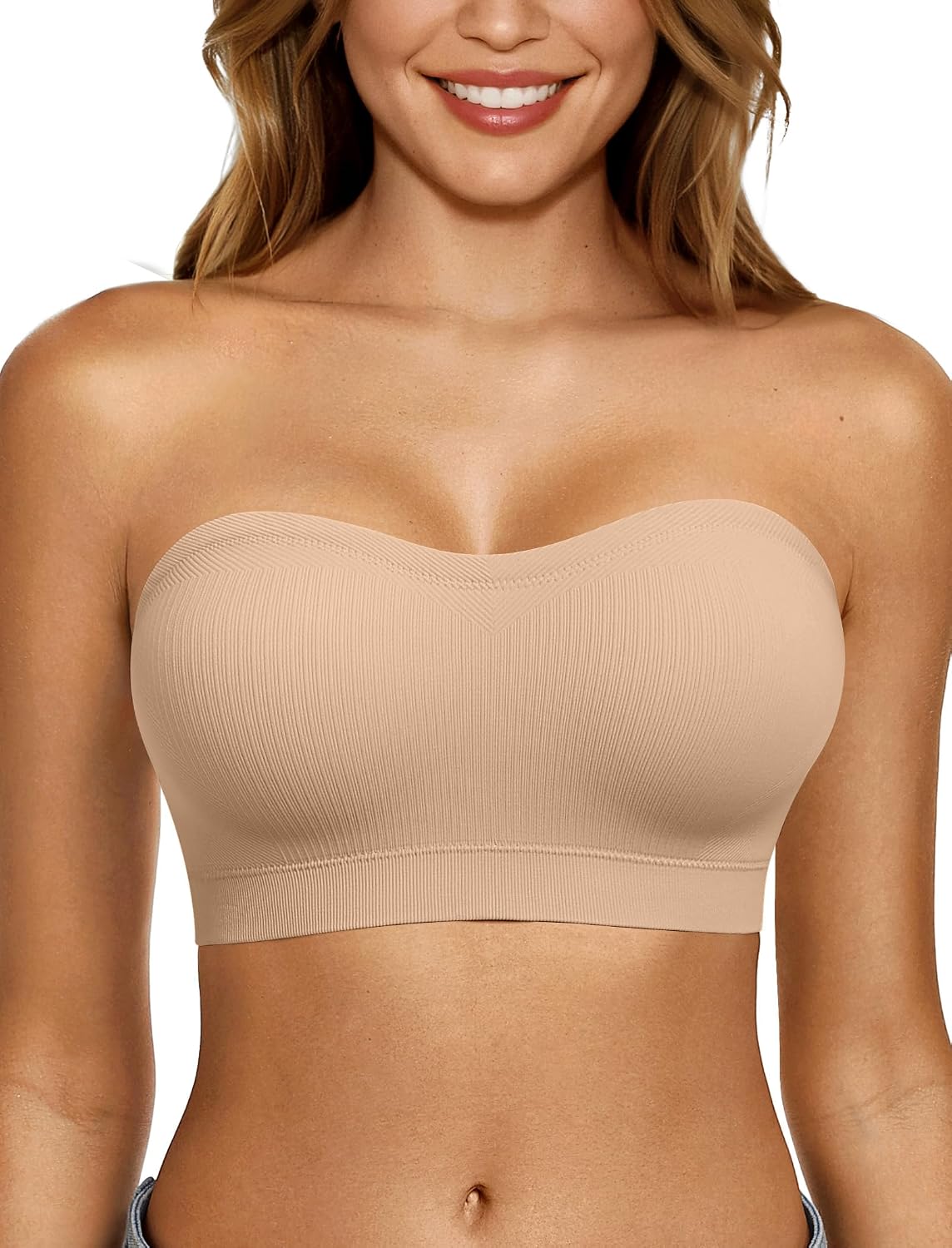 LetsJoli Strapless Bras for Women Push Up Bandeau Wireless Tube Padded Bra | Supportive Non Slip, Ribbed Soft, For Large Breast, Straps for One Shoulder & Halter Bra, No Underwire