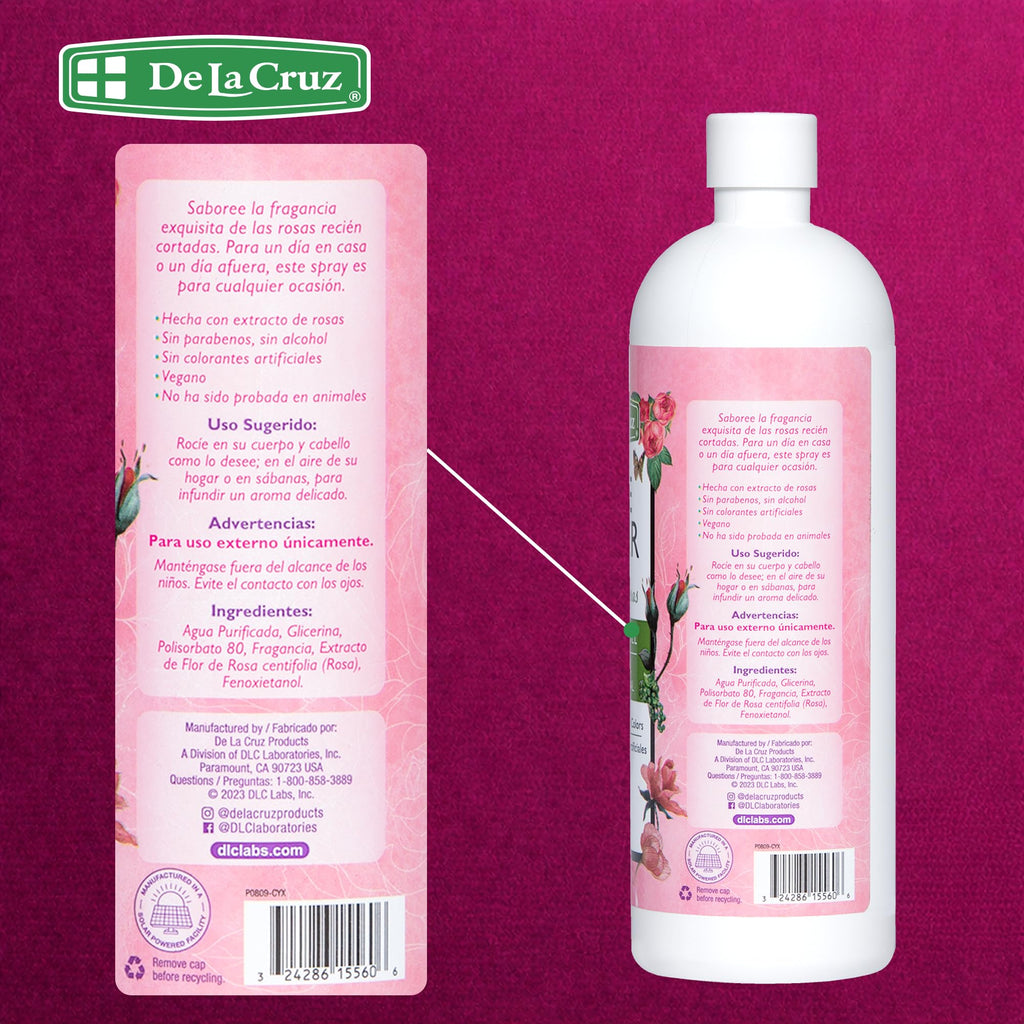 De La Cruz Rose Water Body & Hair Mist, 8 fl. oz Spray (236 mL) | Rose Water Spray, With Rose Flower Extract, Hair & Body Mist, Home Mist, Alcohol Free, Refreshing & Soothing