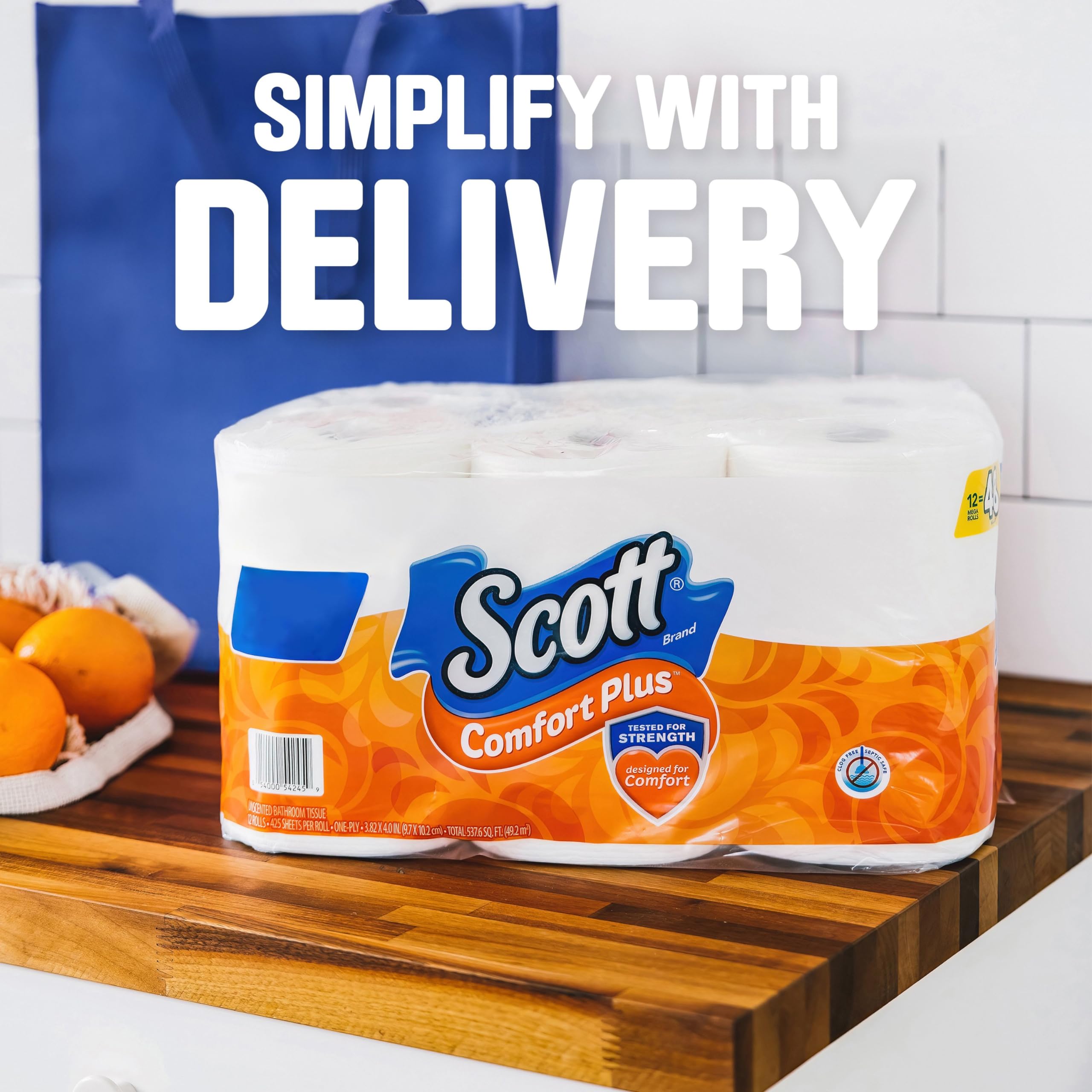 Scott ComfortPlus Toilet Paper, 12 Triple Rolls, 231 Sheets per Roll, Septic-Safe, 1-Ply Toilet Tissue