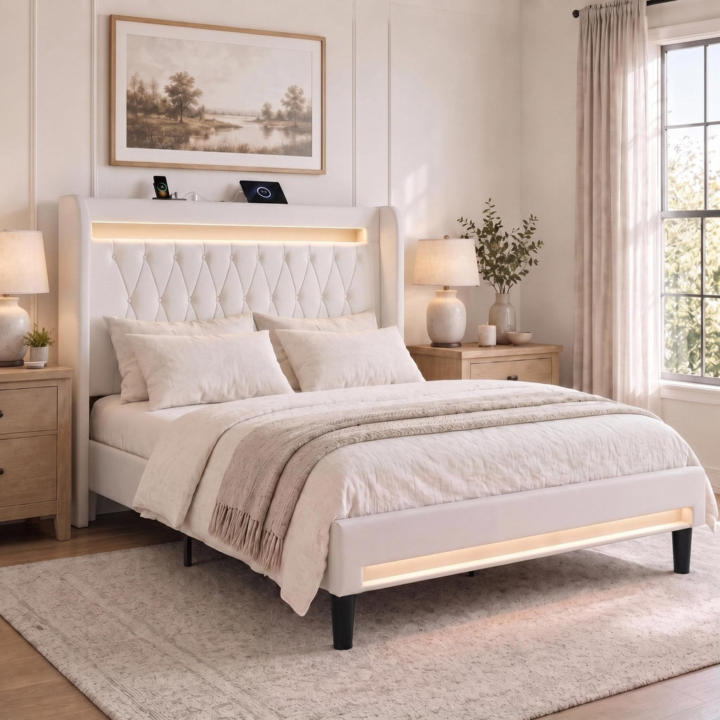 Allewie Queen Size Upholstered Bed Frame with LED & Charging Station, Black | Customizable LED lights, charging station, tufted wingback headboard, noise-reducing support, and no box spring needed.