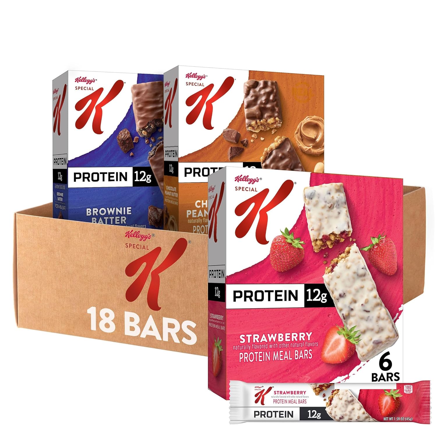 Special K Bar Protein Meal Bars, 12g Protein Snacks, Meal Replacement, 3-Flavor Variety Pack (3 Boxes, 18 Bars)