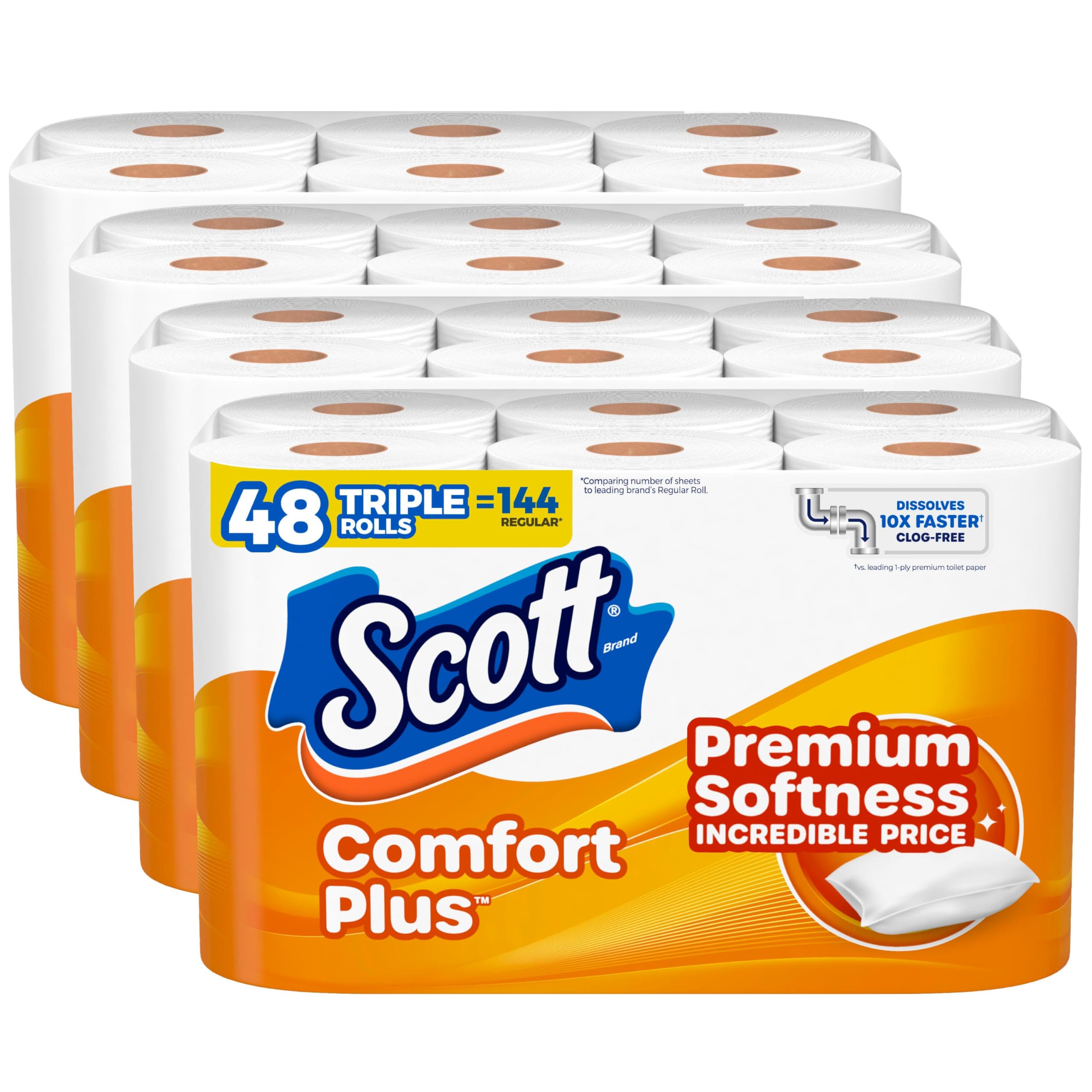 Scott ComfortPlus Toilet Paper, 12 Triple Rolls, 231 Sheets per Roll, Septic-Safe, 1-Ply Toilet Tissue