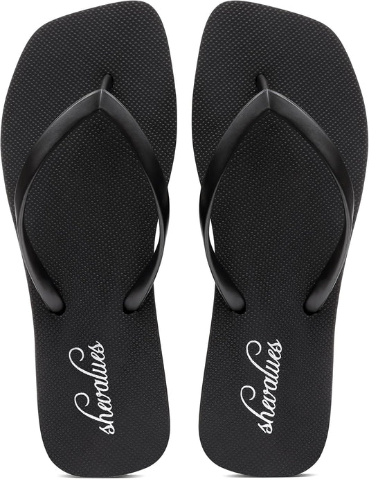 shevalues Slim Square Toe Flip Flops for Women with Comfortable Yoga Mat | Lightweight Non Slip Rubber Sandals for Beach, Shower, Pool & Summer Casual Wear