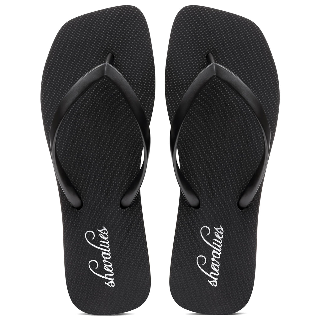 shevalues Slim Square Toe Flip Flops for Women with Comfortable Yoga Mat | Lightweight Non Slip Rubber Sandals for Beach, Shower, Pool & Summer Casual Wear
