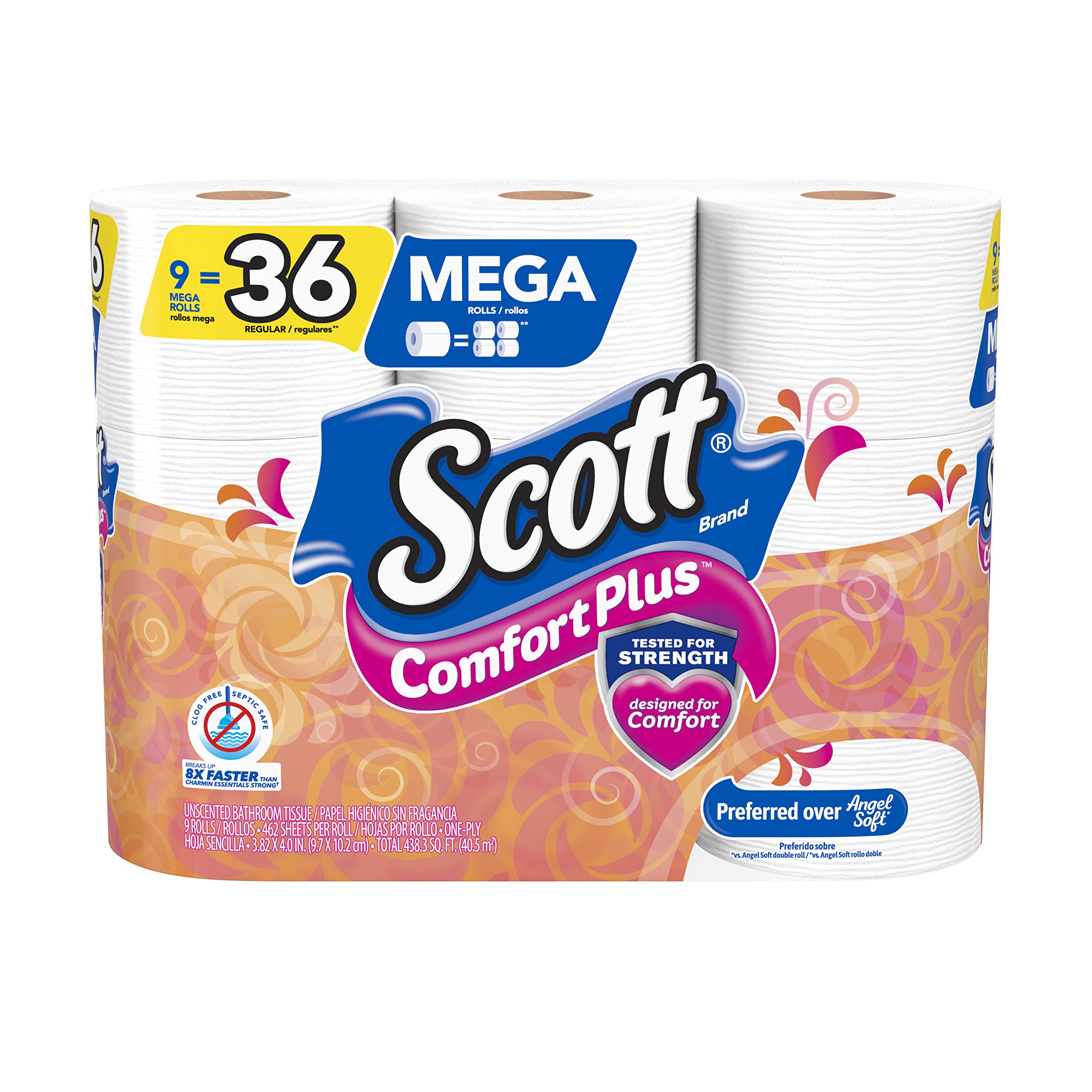 Scott ComfortPlus Toilet Paper, 12 Triple Rolls, 231 Sheets per Roll, Septic-Safe, 1-Ply Toilet Tissue