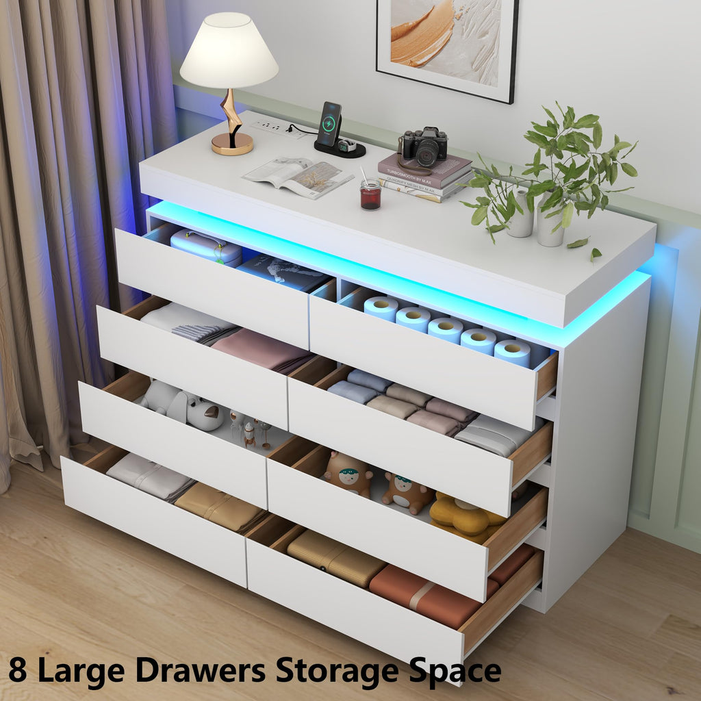 Gyfimoie 6 Drawer Dresser with Power Outlet, Dresser with LED Light | Modern Chest of Drawers for Closet, Wide Drawer Organizer Cabinet for Bedroom,Living Room