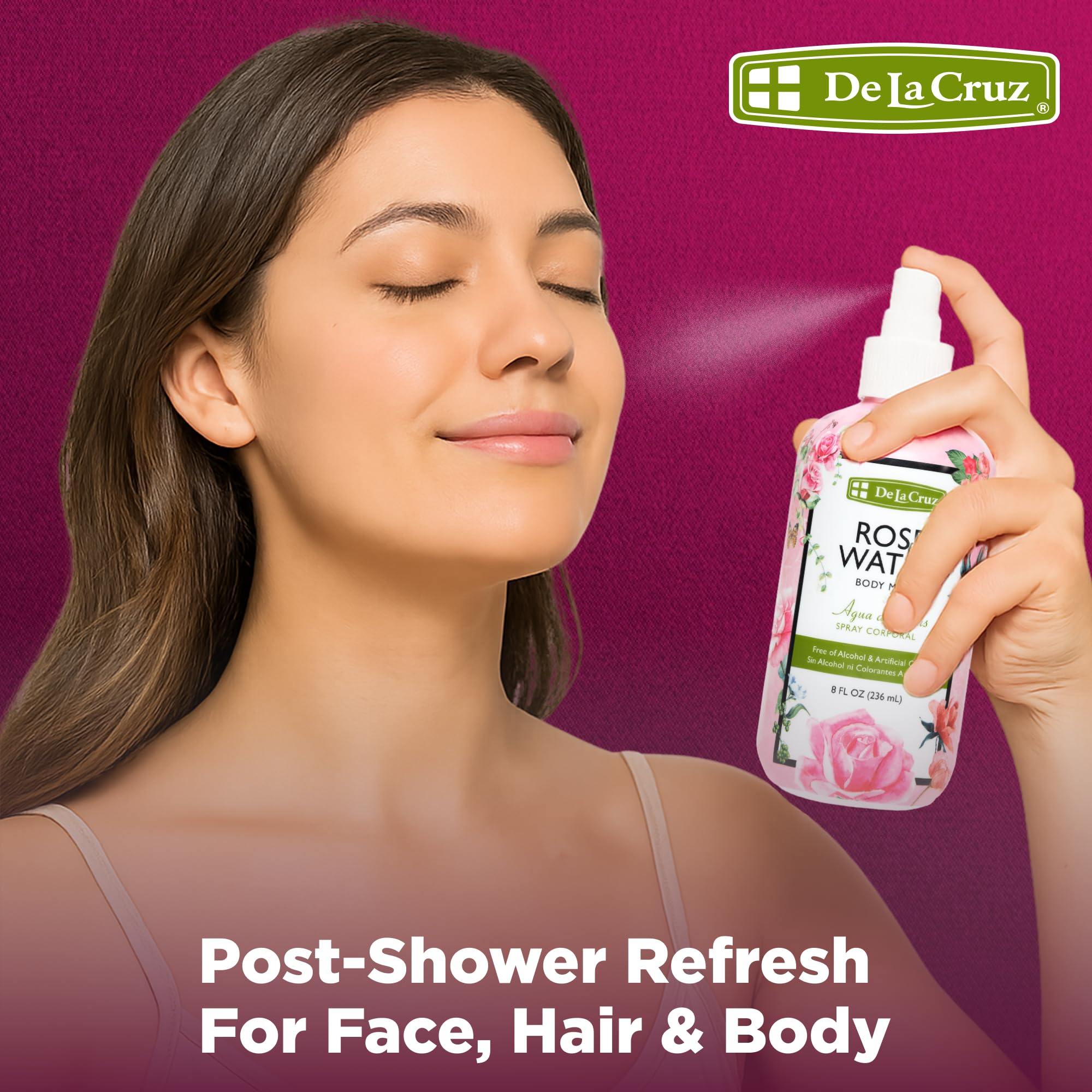 De La Cruz Rose Water Body & Hair Mist, 8 fl. oz Spray (236 mL) | Rose Water Spray, With Rose Flower Extract, Hair & Body Mist, Home Mist, Alcohol Free, Refreshing & Soothing