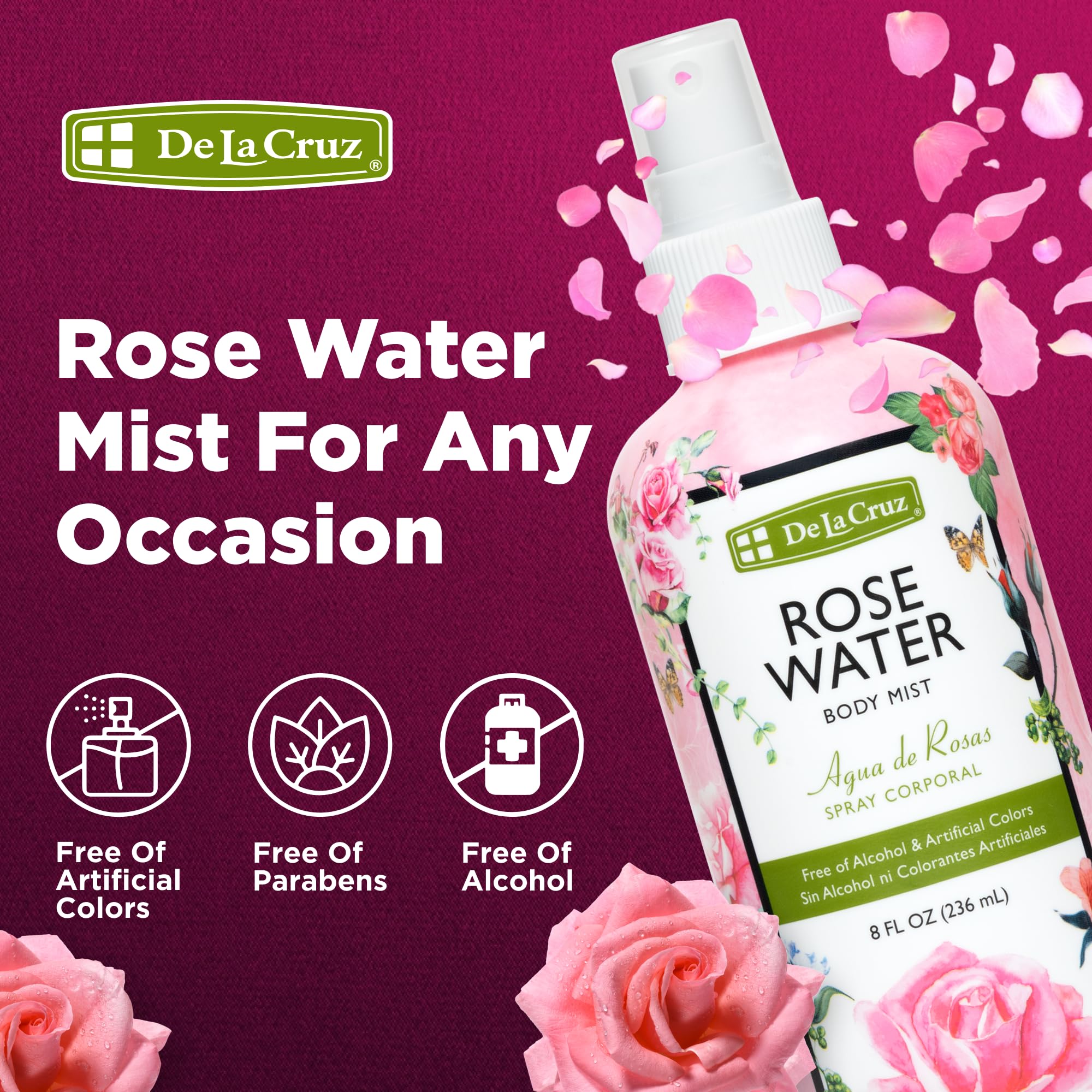 De La Cruz Rose Water Body & Hair Mist, 8 fl. oz Spray (236 mL) | Rose Water Spray, With Rose Flower Extract, Hair & Body Mist, Home Mist, Alcohol Free, Refreshing & Soothing
