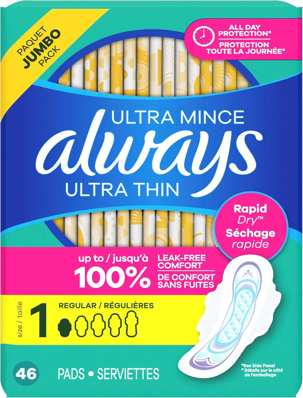 Always Ultra Thin Feminine Pads with Wings for Women, Size 1, Regular Absorbency, Unscented, Up to 100% Leak-Free Protection, 46 Count