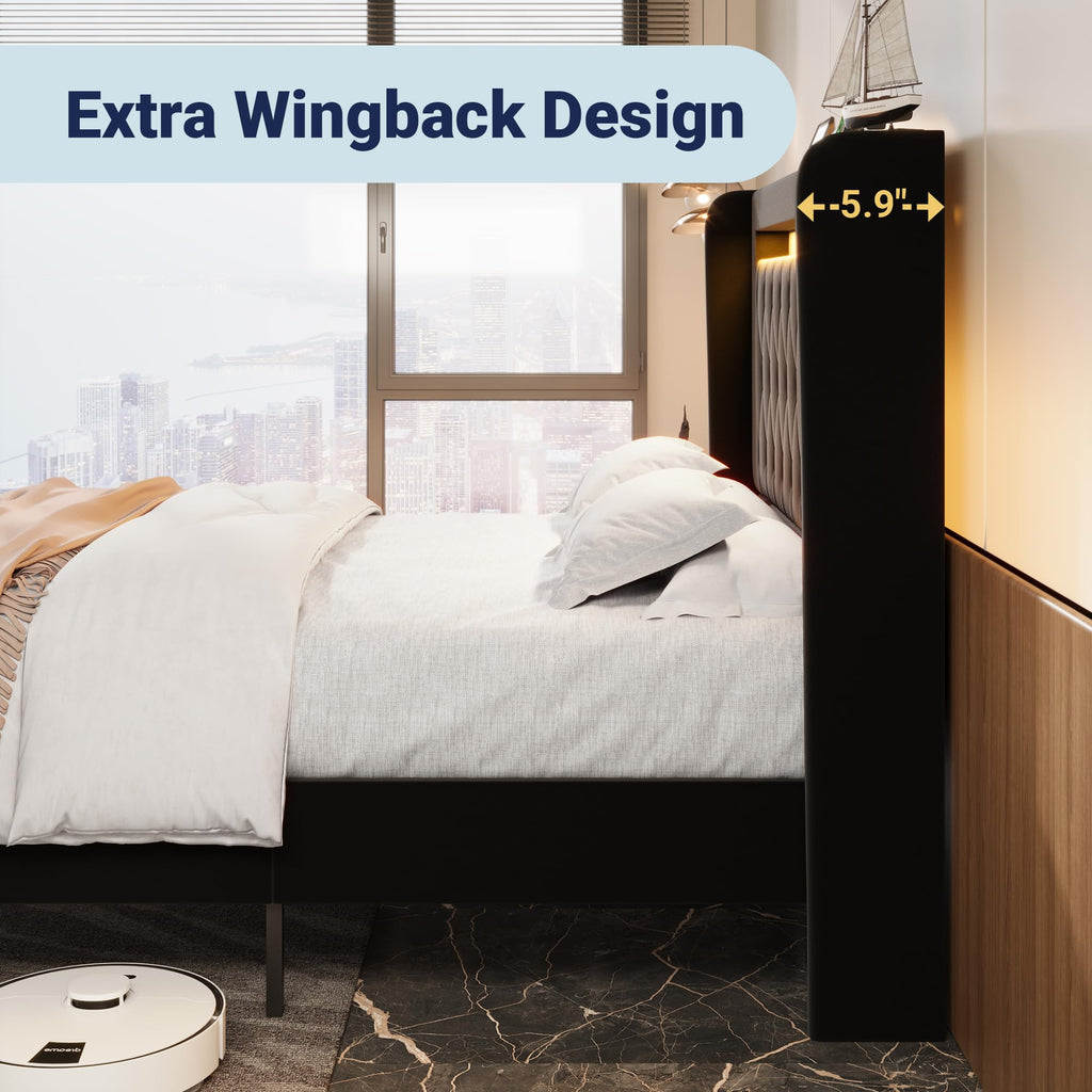 Allewie Queen Size Upholstered Bed Frame with LED & Charging Station, Black | Customizable LED lights, charging station, tufted wingback headboard, noise-reducing support, and no box spring needed.
