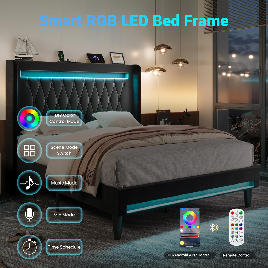 Allewie Queen Size Upholstered Bed Frame with LED & Charging Station, Black | Customizable LED lights, charging station, tufted wingback headboard, noise-reducing support, and no box spring needed.