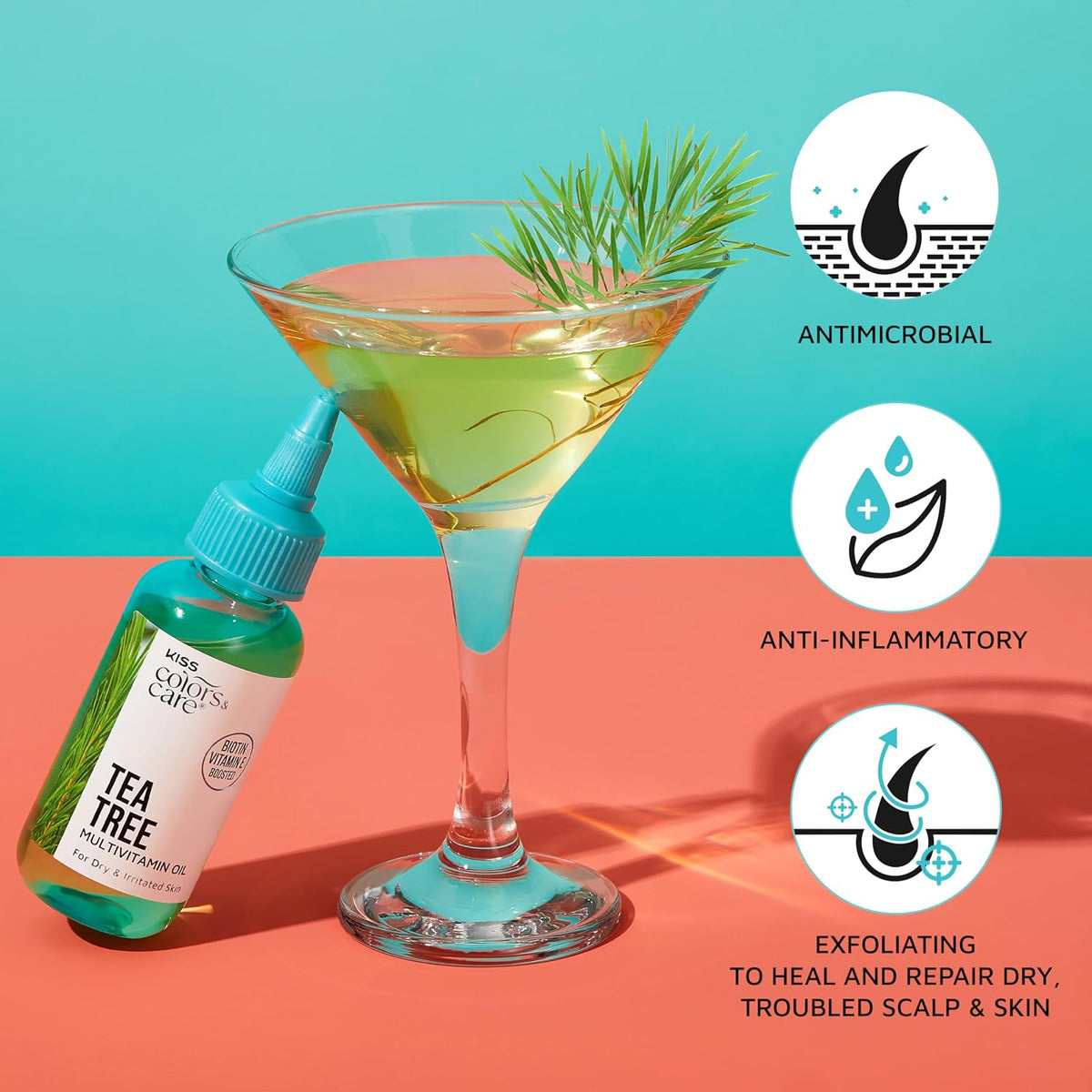 Kiss Colors & Care Tea Tree Multivitamin Oil for Hair & Skincare, Infused with Biotin, Vitamin E and Natural Oils for Long-Lasting Hydration & Repair, 2.5 fl. oz.