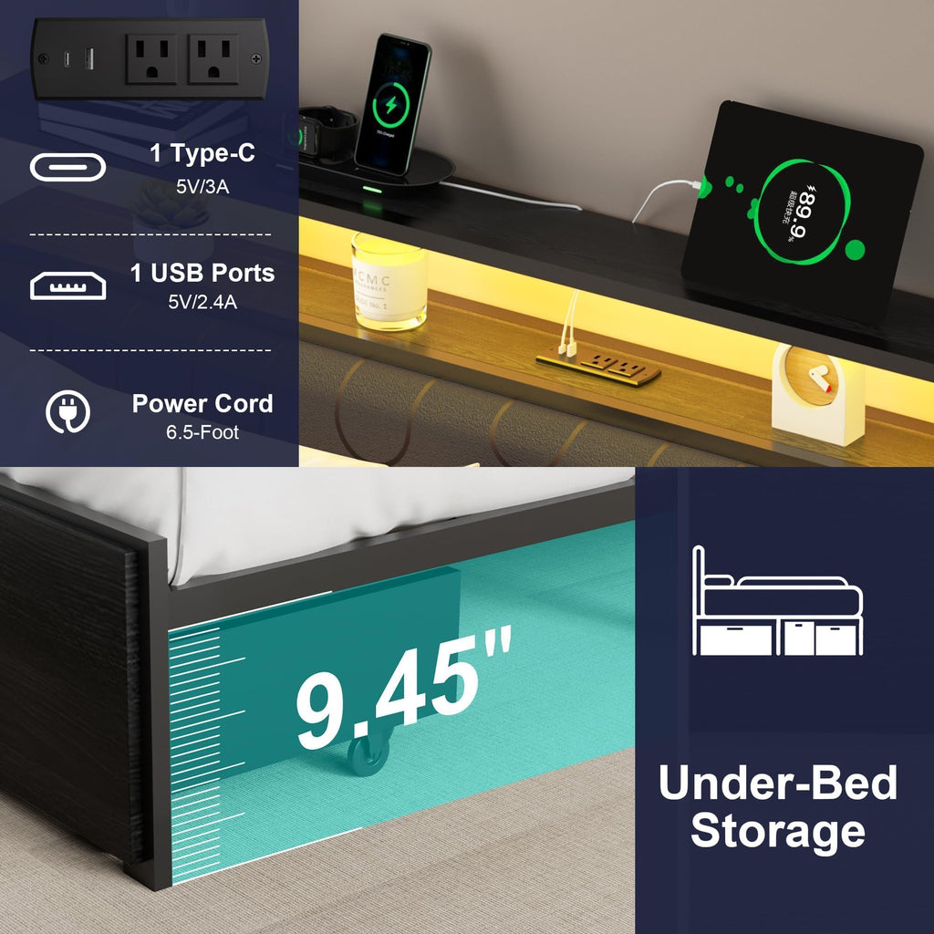 Full Bed Frames with Storage Drawer, Platform Bed with Charging Station and LED Lights, Upholstered Headboard with 2-Tier Storage Shelves, No Box Spring Needed