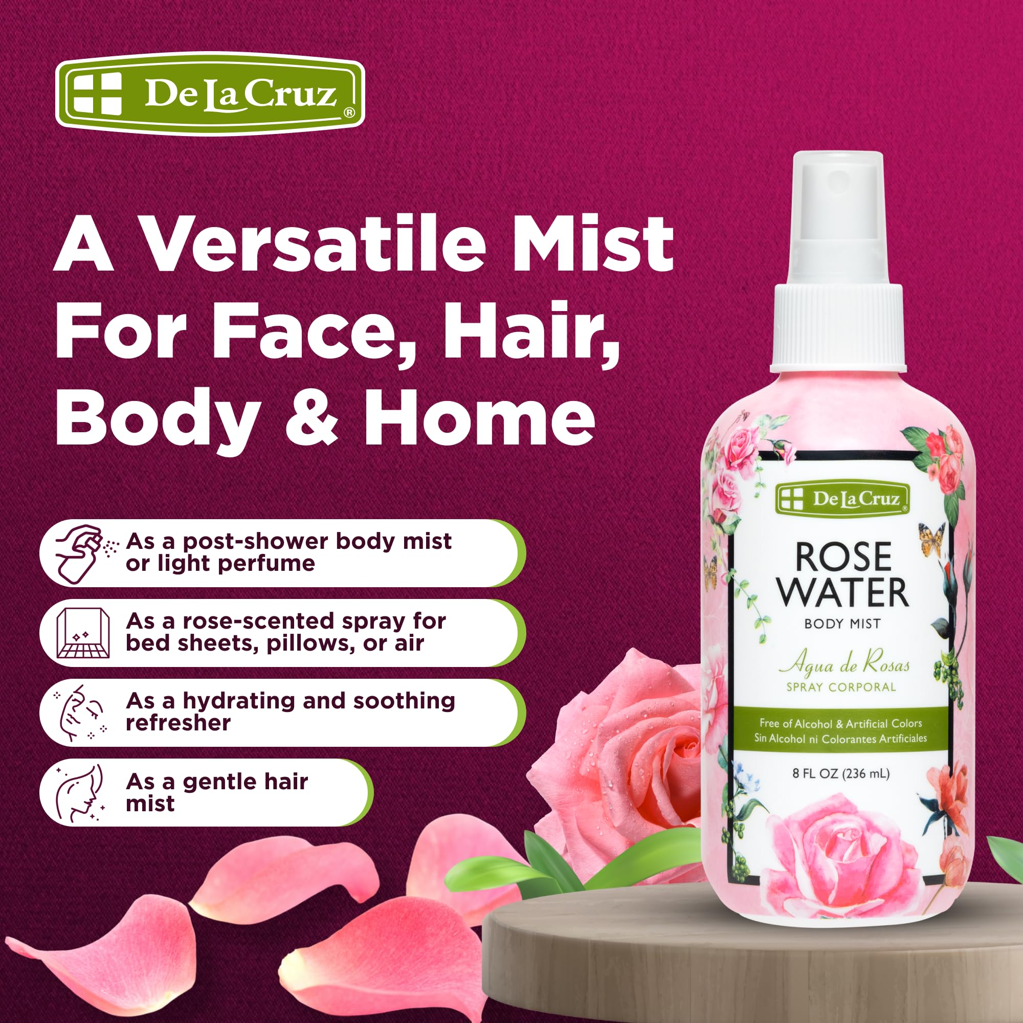 De La Cruz Rose Water Body & Hair Mist, 8 fl. oz Spray (236 mL) | Rose Water Spray, With Rose Flower Extract, Hair & Body Mist, Home Mist, Alcohol Free, Refreshing & Soothing