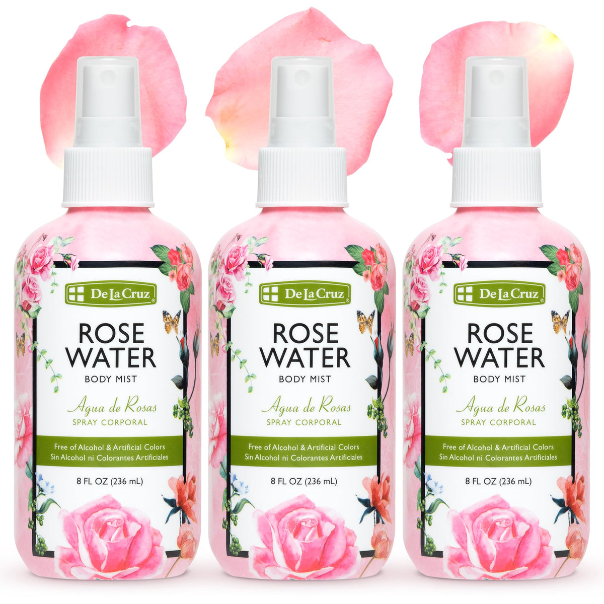 De La Cruz Rose Water Body & Hair Mist, 8 fl. oz Spray (236 mL) | Rose Water Spray, With Rose Flower Extract, Hair & Body Mist, Home Mist, Alcohol Free, Refreshing & Soothing